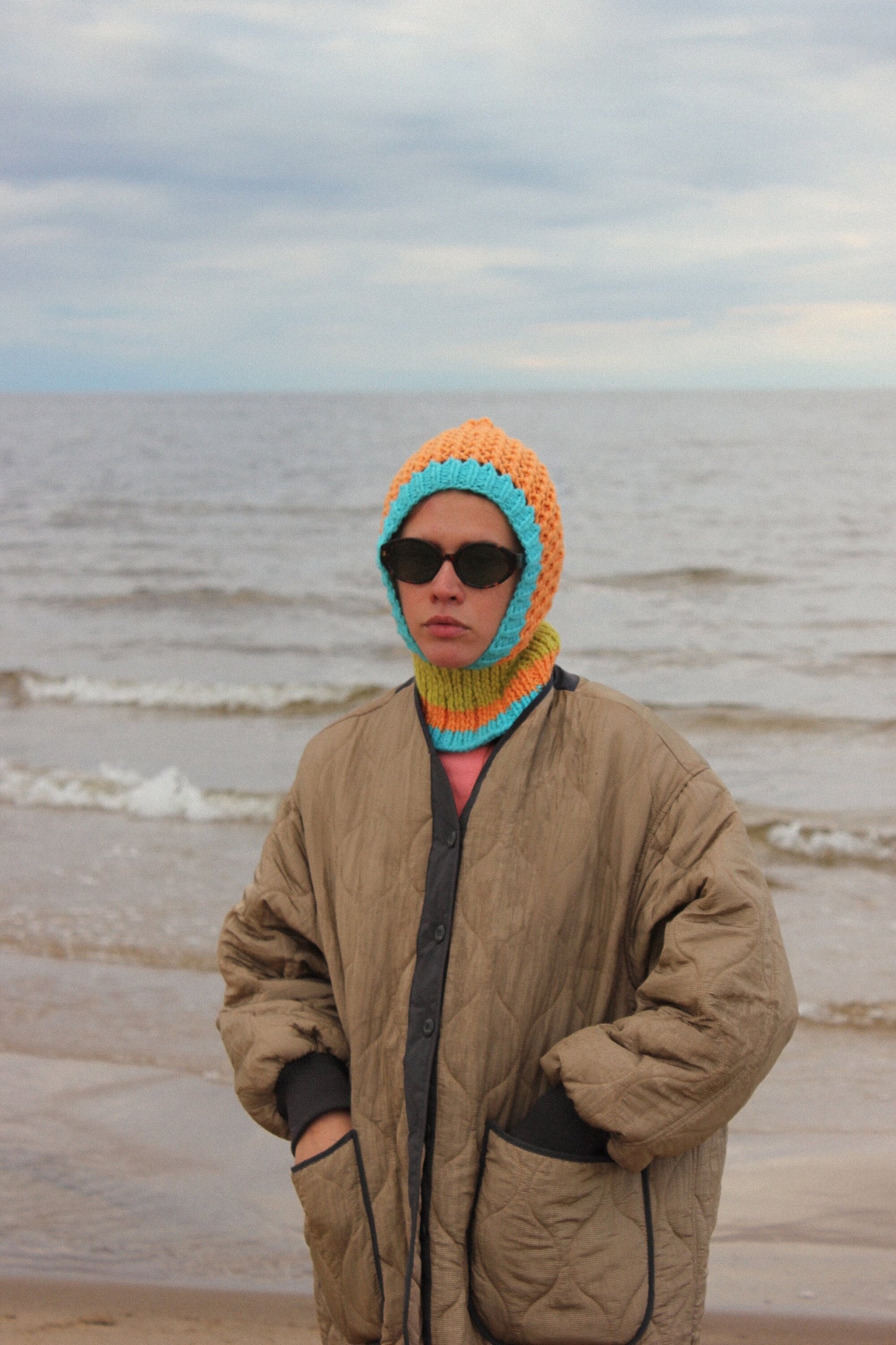 Multicoloured Demi - season Papaya balaclava hat,mango socky balaclava knit beanie,knit helmet,knit hat,crochet balaclava