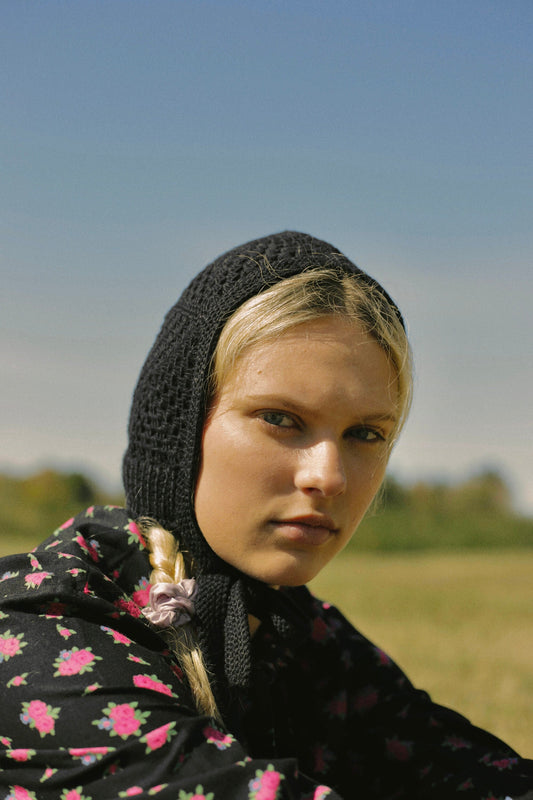 Patchwork Granny Square Adult Crochet Bow Tie Bonnet in Black