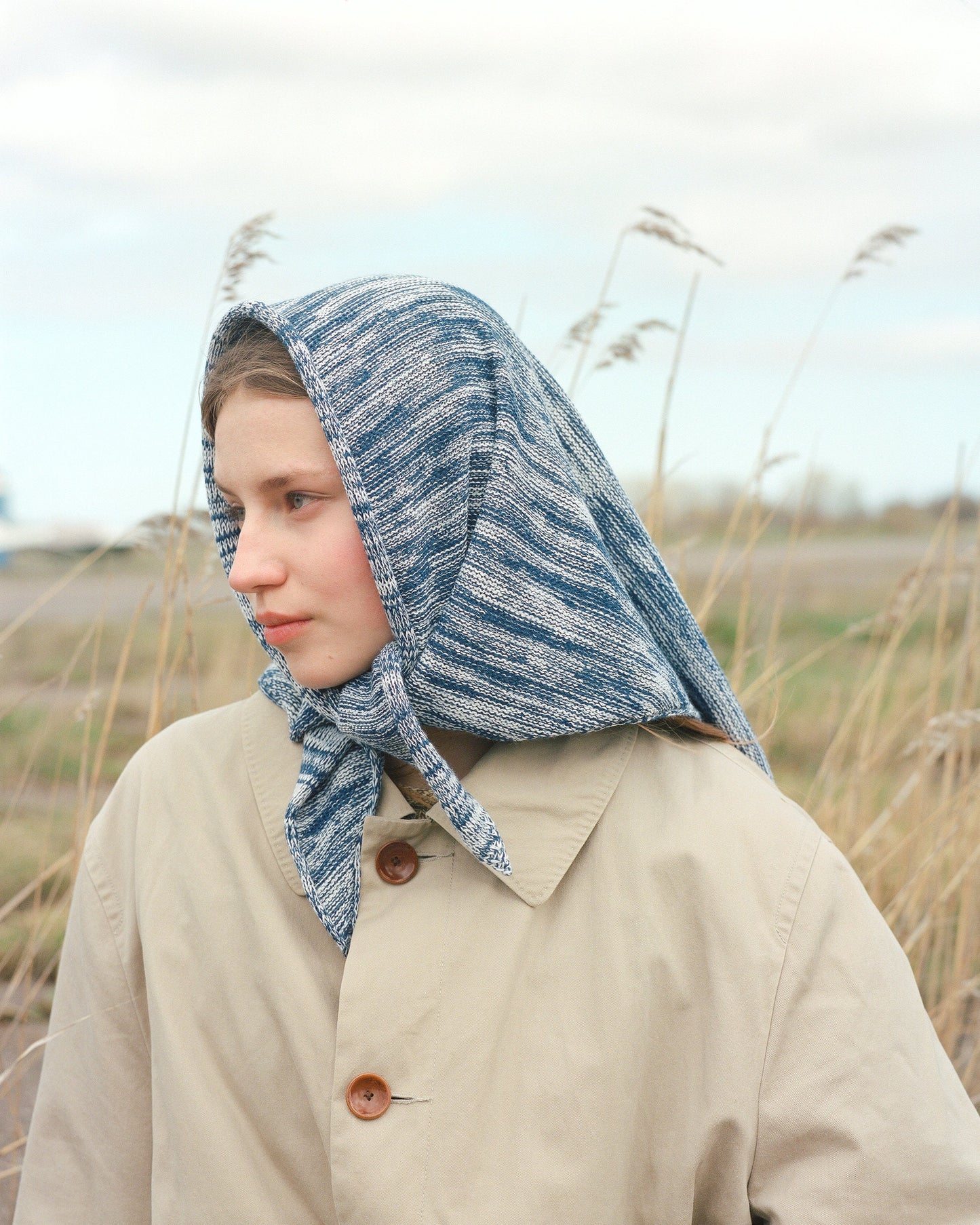 Hand - knitted Melange Headscarf in Navy & Baby blue