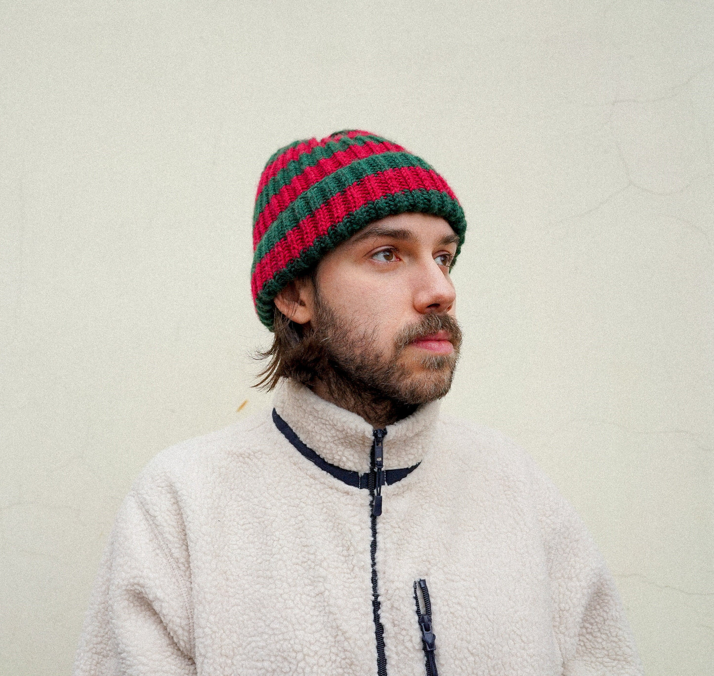 Woolen beanie hat in burgundy and green