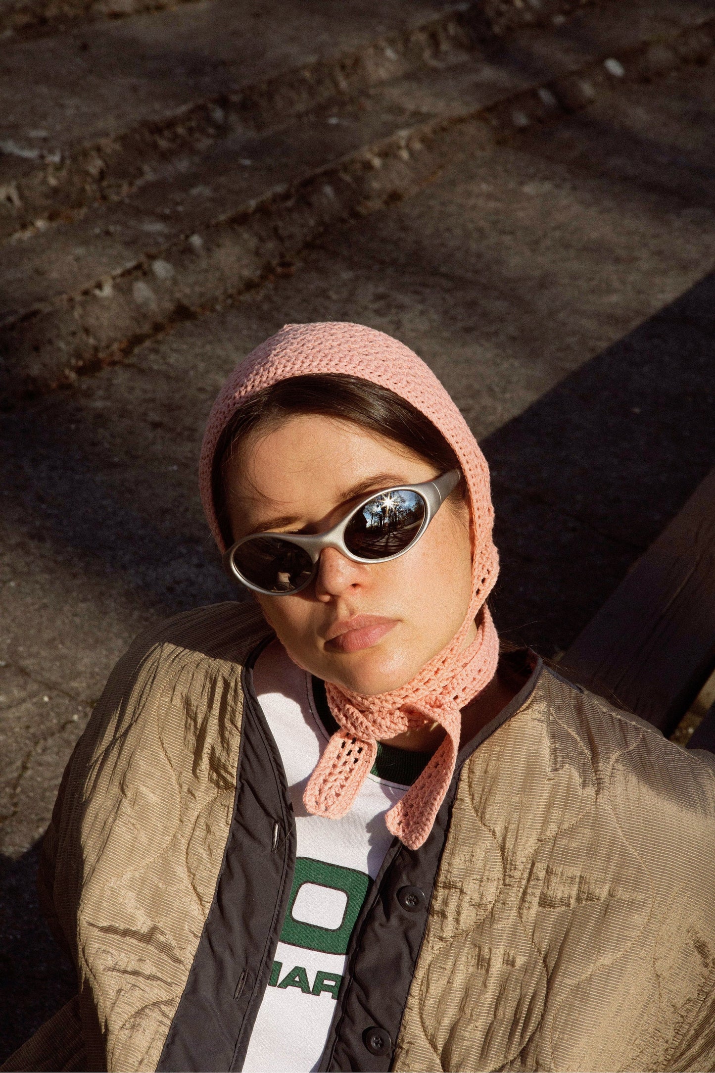 Adult Cotton Mesh Crochet Bow Tie Bonnet in Peach Fuzz