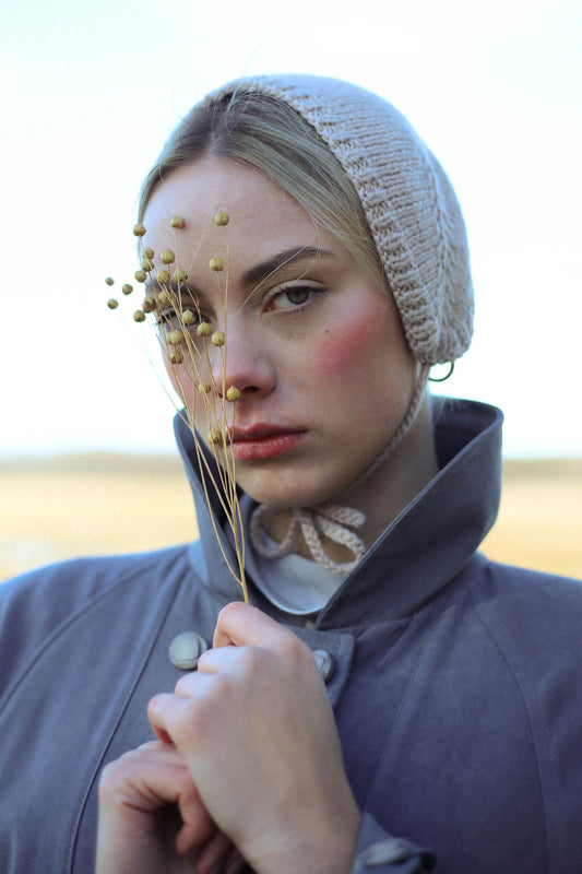 Handknitted Adult Bow Tie Bonnet in Beige