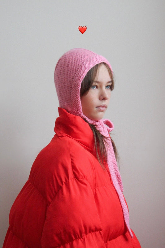 Hand-knitted Adult Bow Tie Bonnet hat in Light Pink
