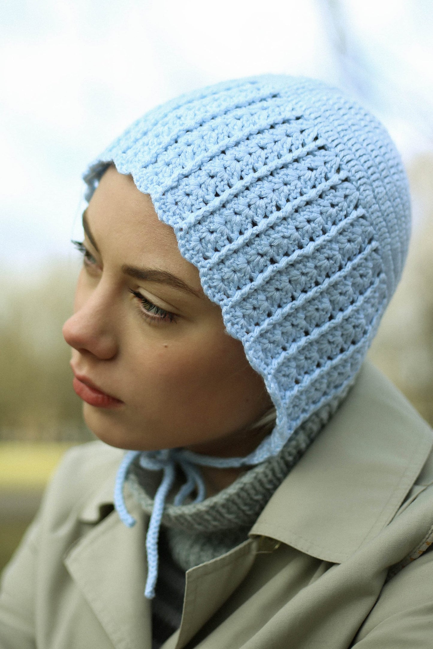 Adult Crochet Bow Tie cotton Bonnet in Light Blue