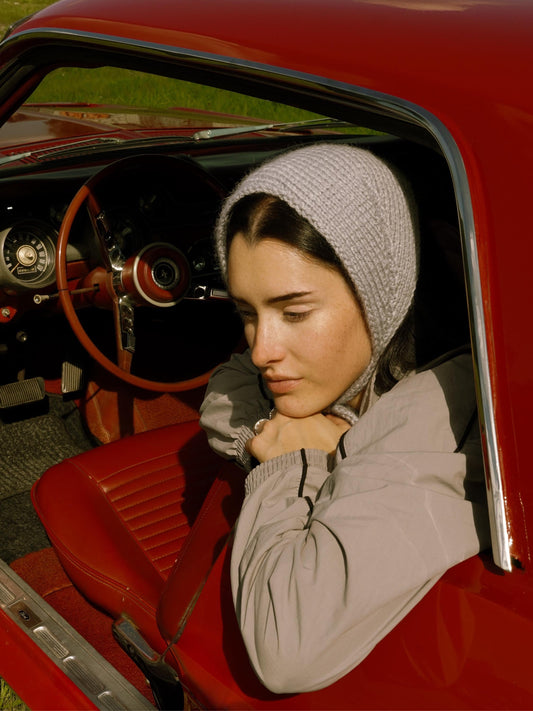 Hand - knitted Mohair Adult Bow Tie Bonnet in Gray
