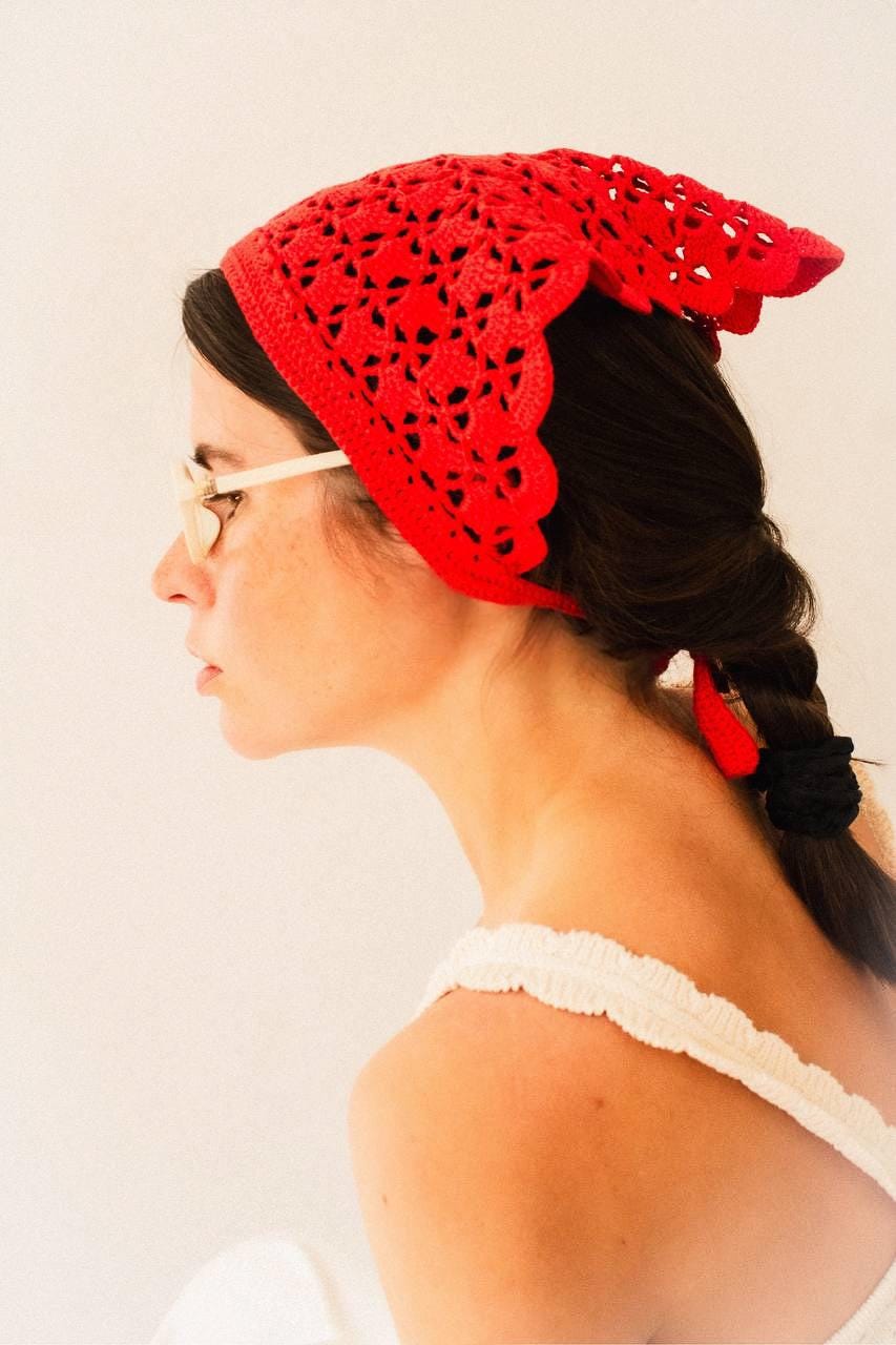 Crochet Premium Cotton Shell & Lace Stitch Headscarf in Red