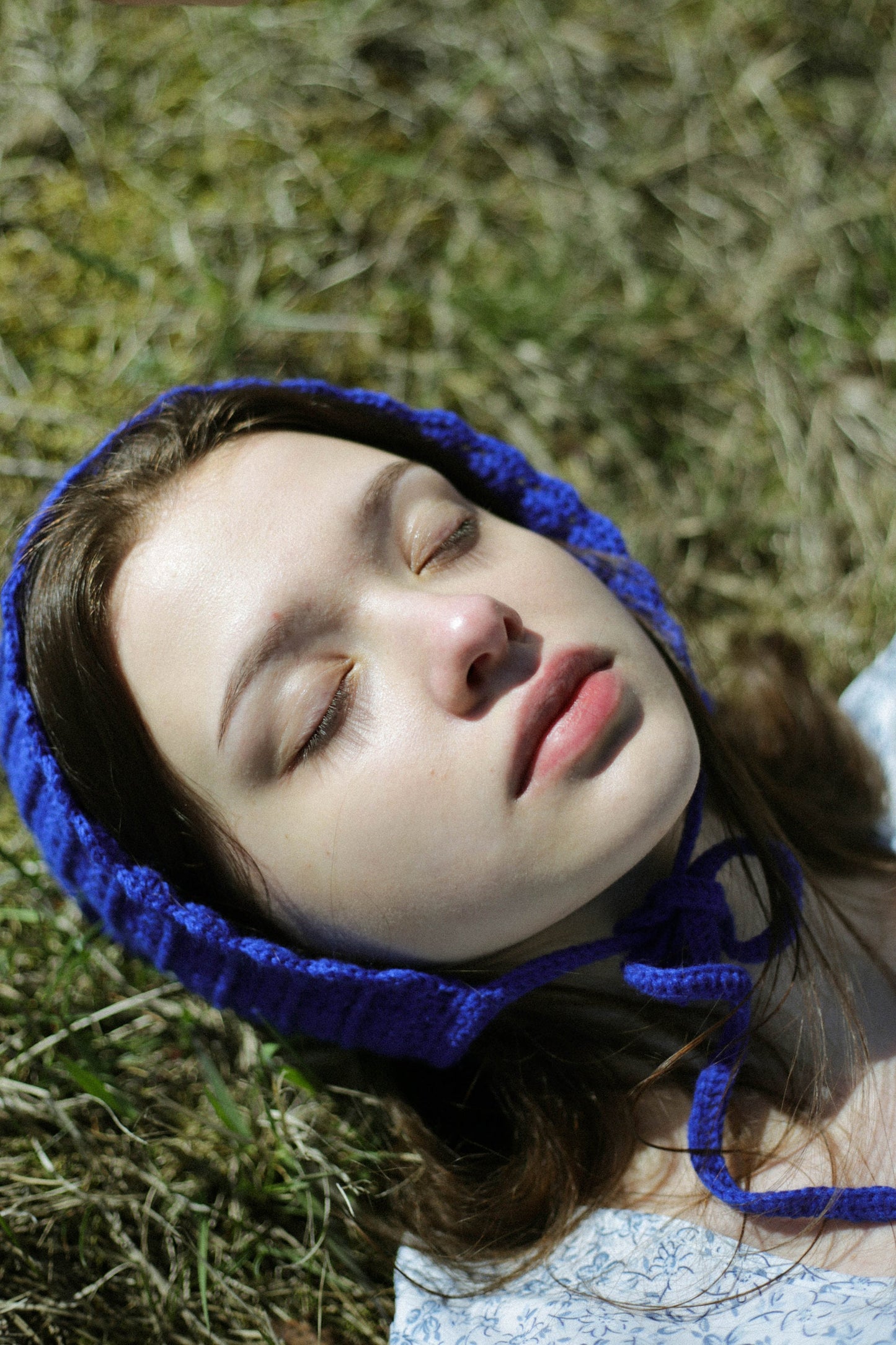 Adult Cotton Crochet Bow Tie Bonnet in Blue