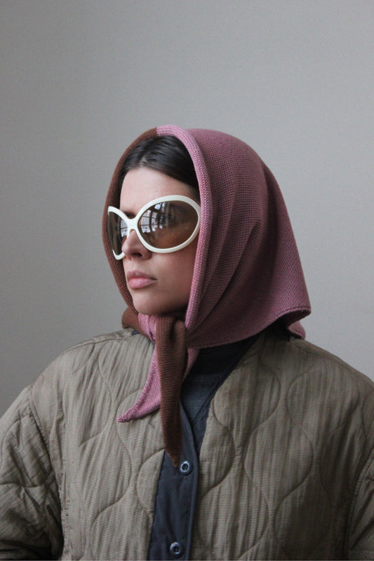 Hand - knitted Bicolour Headscarf in Powder Rose & Brown