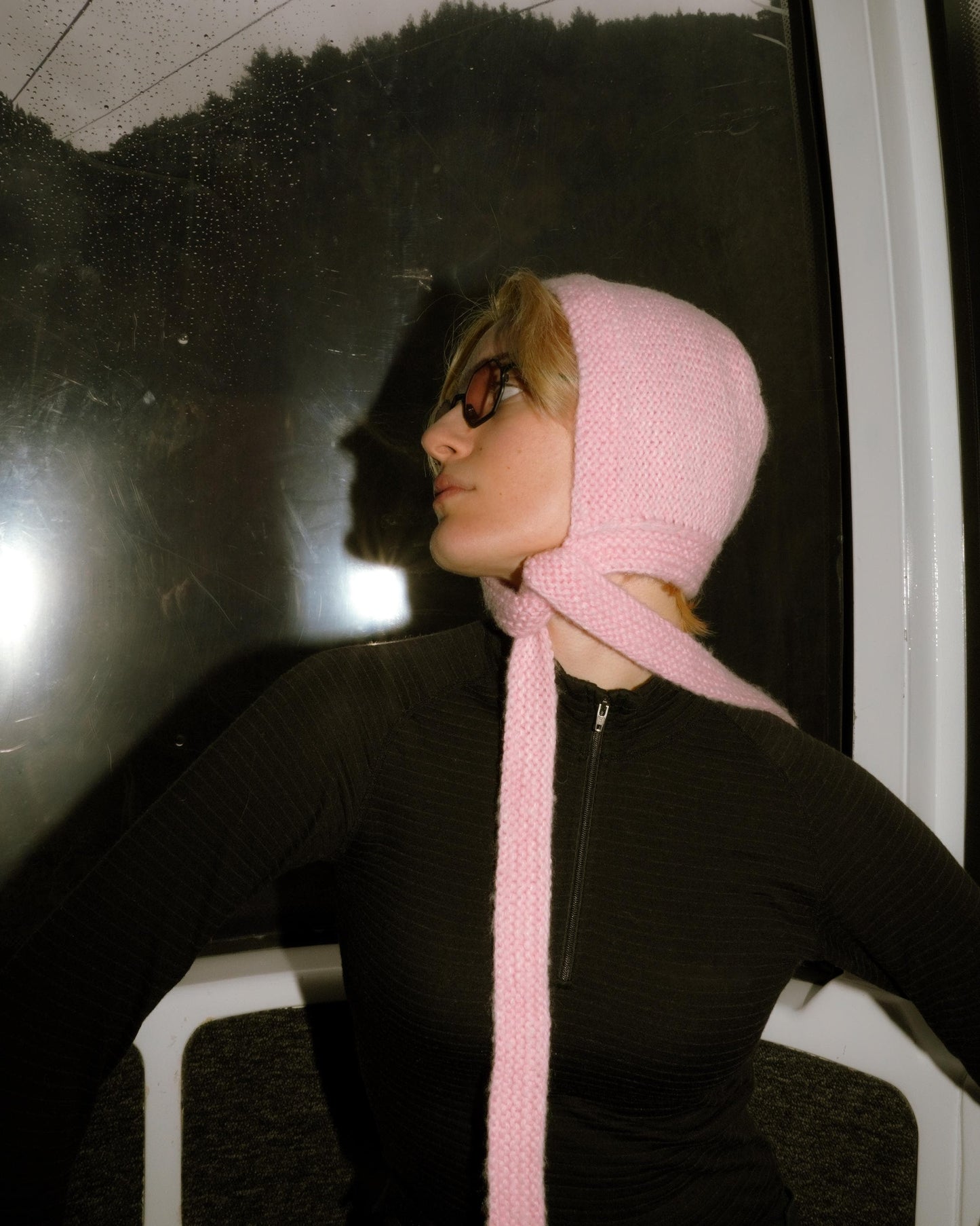 Hand - knitted Adult Bow Tie Mohair Bonnet in Light Pink