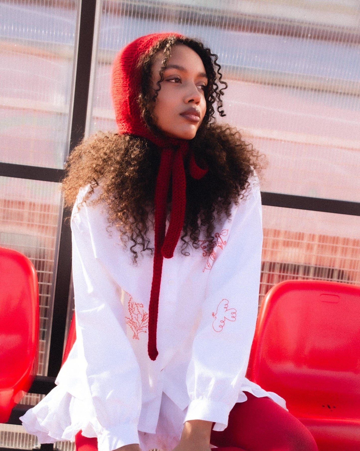 Hand - knitted Adult Bow Tie Mohair Bonnet in Red