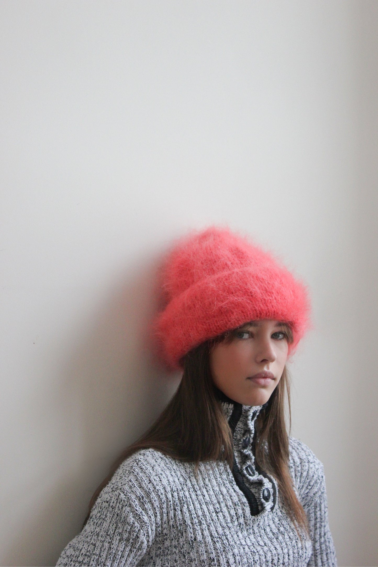 Premium Mohair Beanie Hat in Сoral Pink