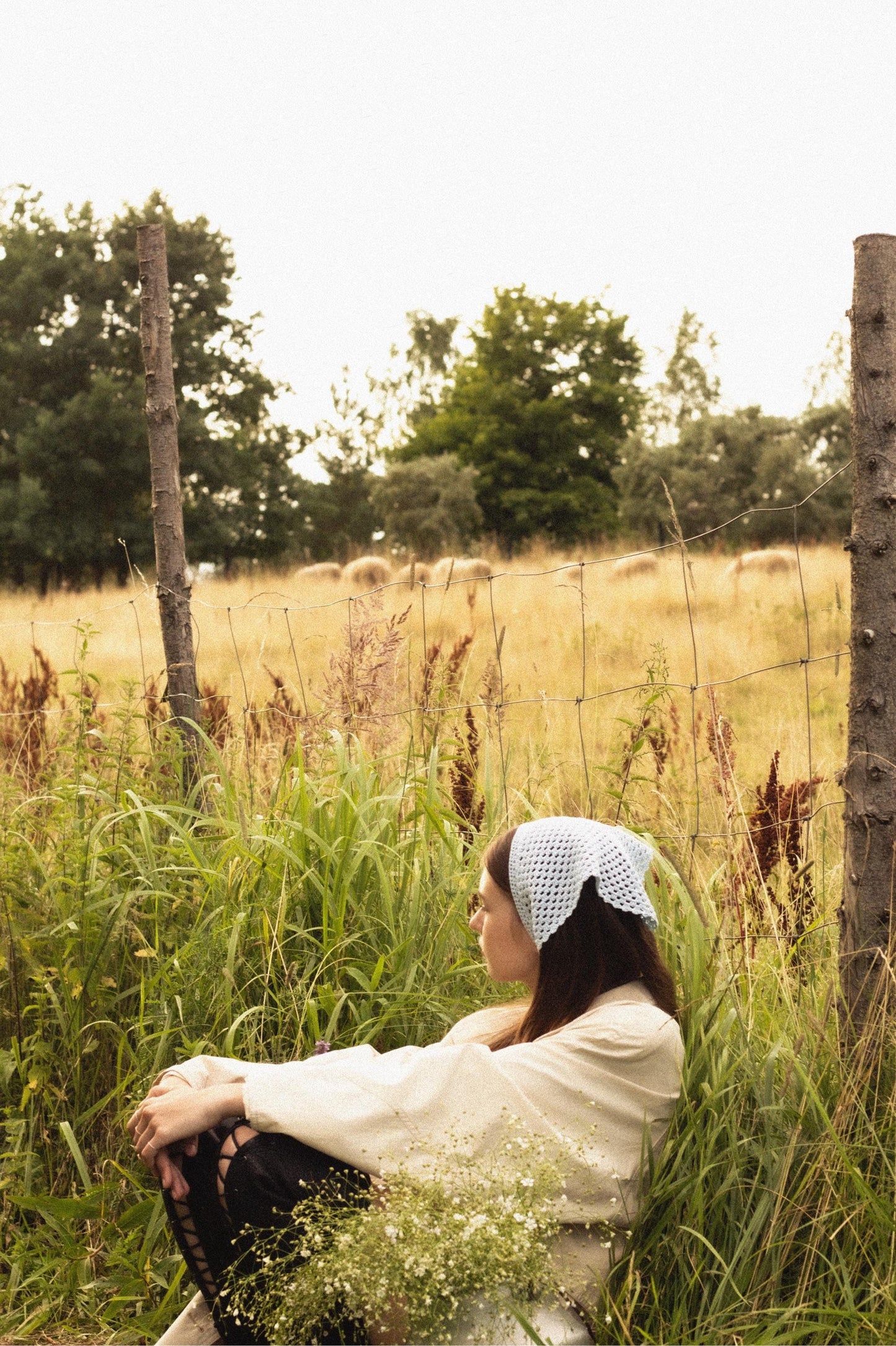 Crochet Mesh Headscarf in Light Blue