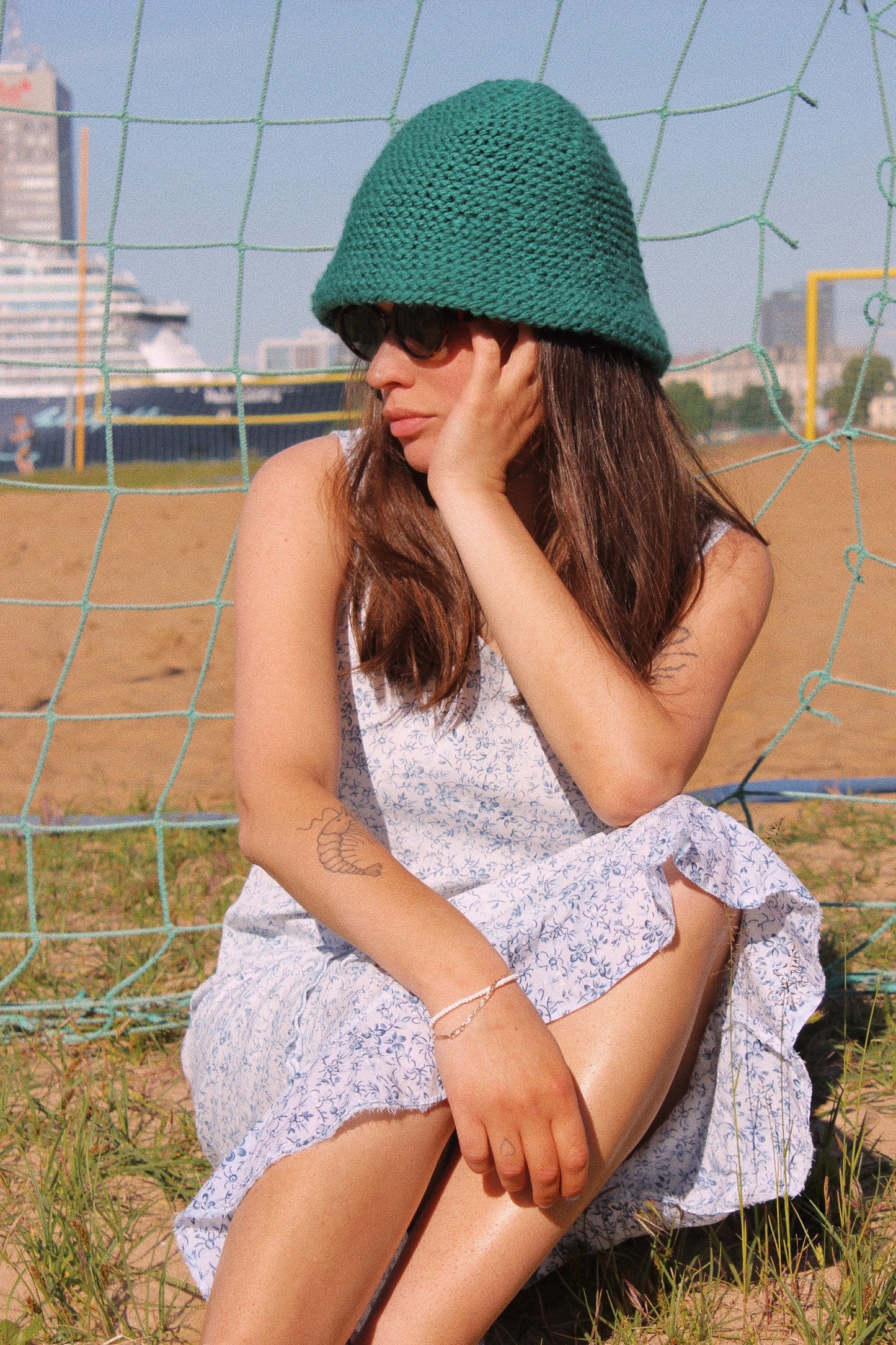 Hand-knitted chunky bucket hat in emerald blue, fisherman hat