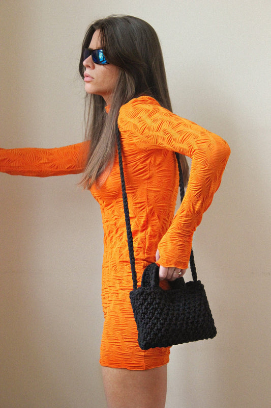 Сoarse knitted crossbody tote bag in black , tote bag