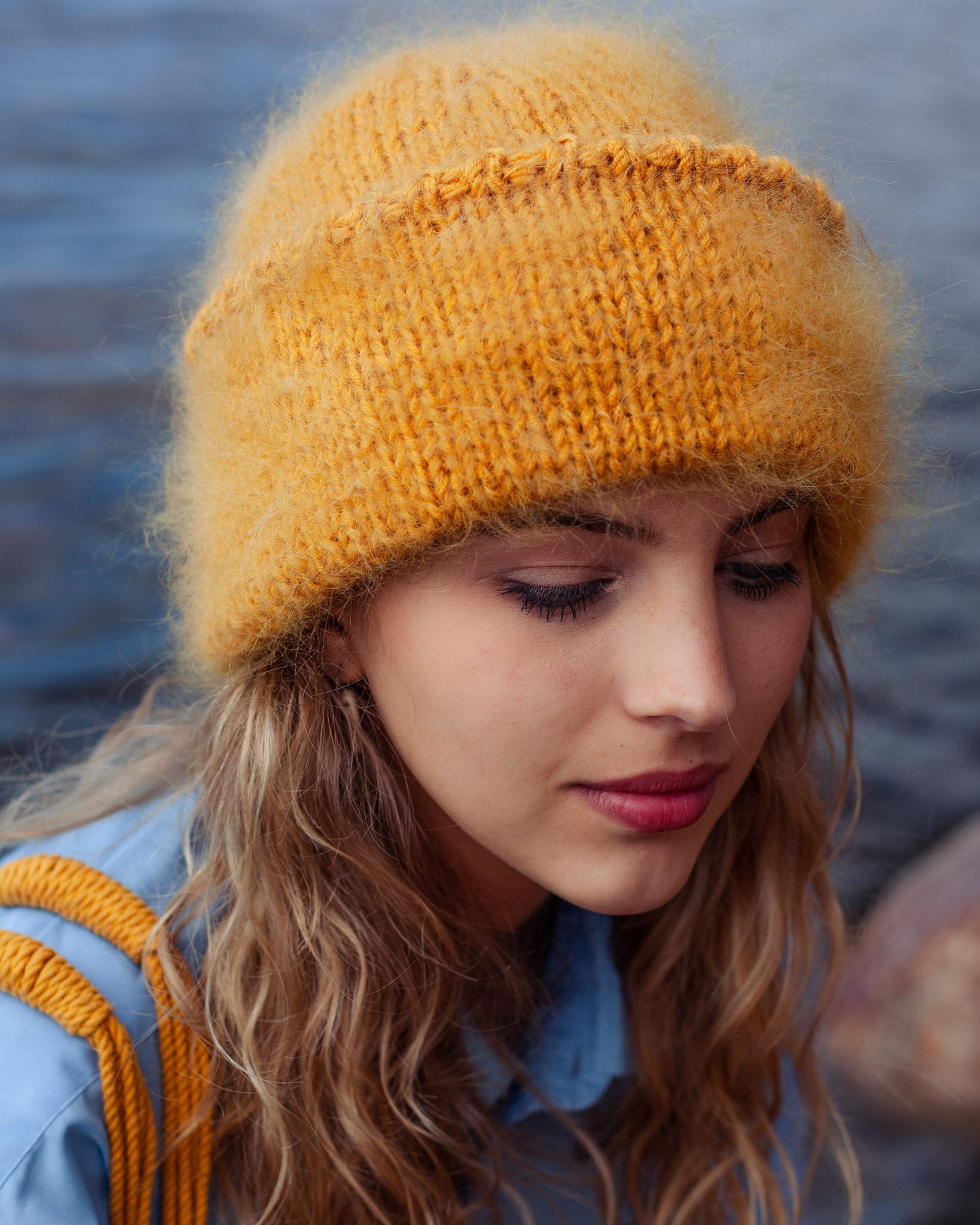 Hand - Knitted Mohair Beanie Hat in Mustard yellow