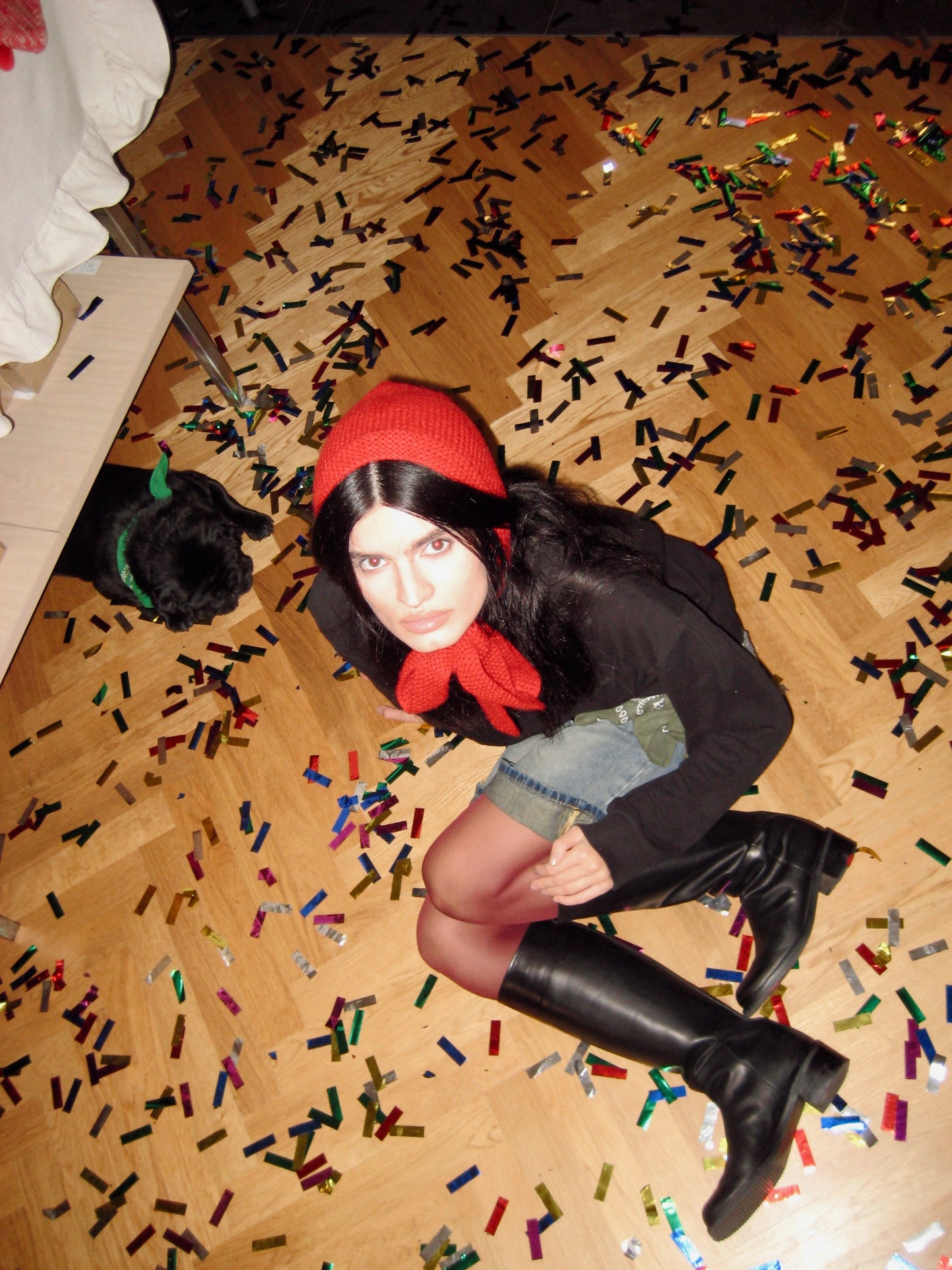 Hand-knitted Adult Bow Tie Bonnet hat in Hot Red