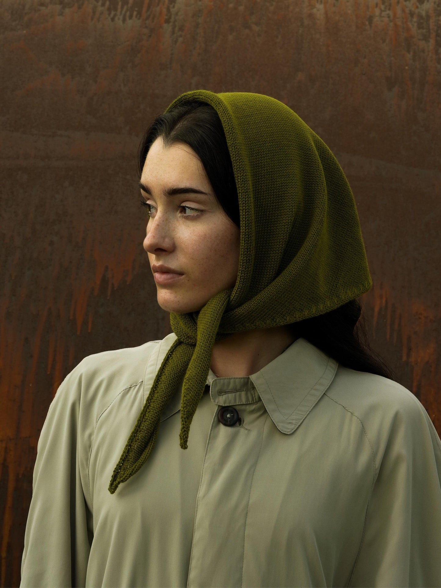 Hand - knitted Headscarf in Khaki Green