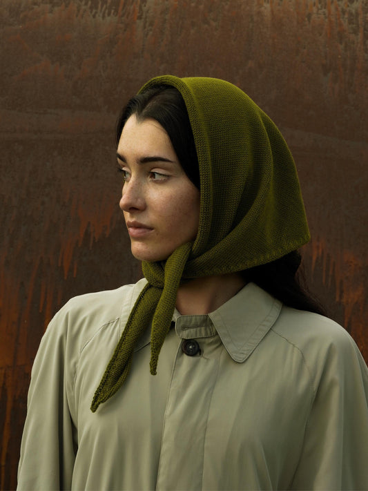 Hand - knitted Headscarf in Khaki Green