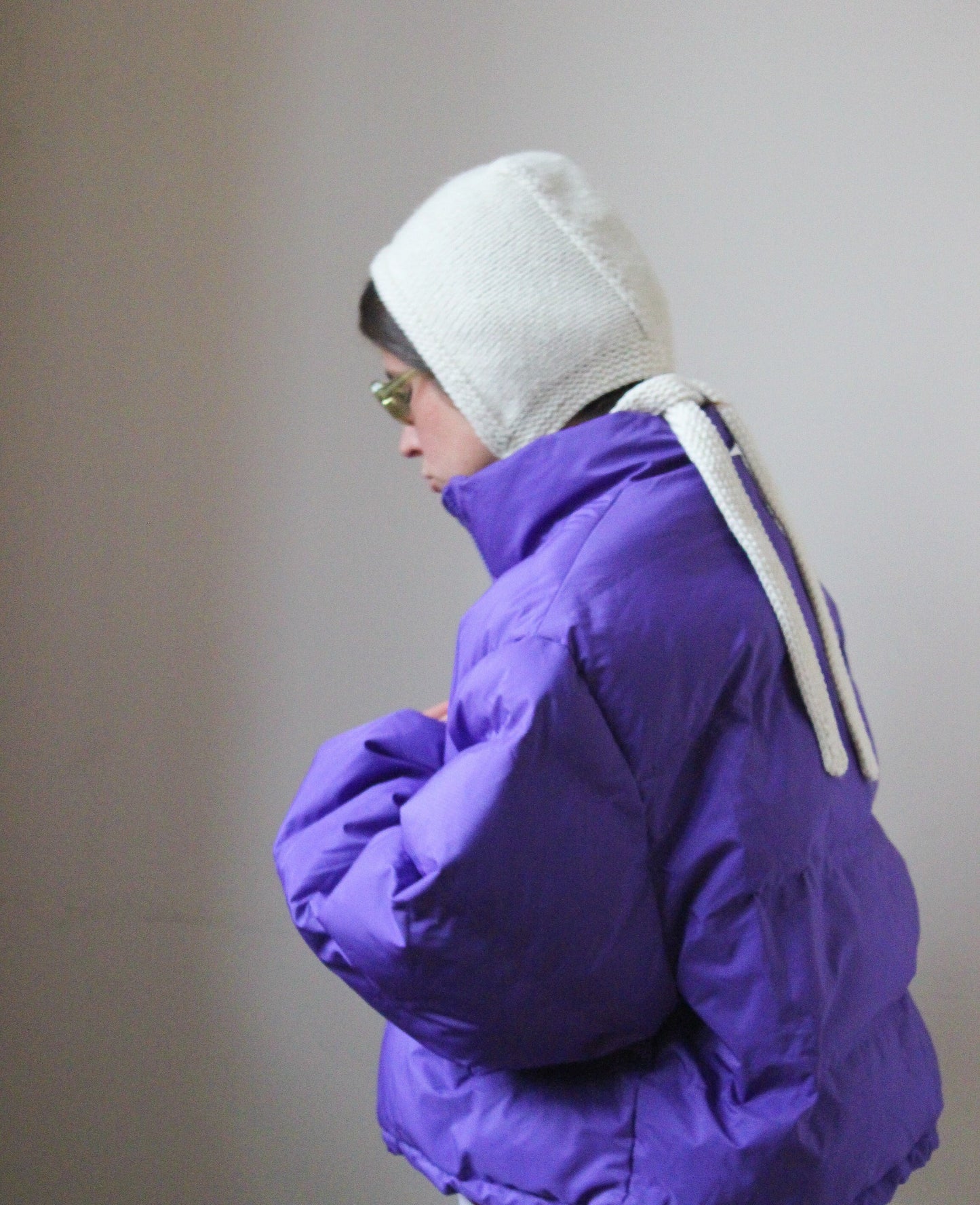 Hand-knitted Adult Bow Long Tie Bonnet hat in White