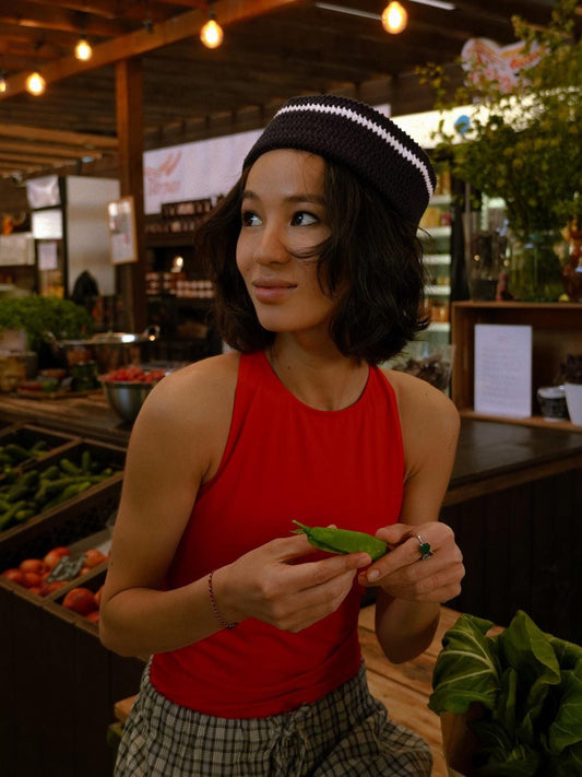 Crochet Premium Cotton Striped Marin Hat in Navy & White