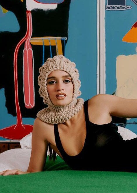 Balaclava with dimensional tuck knitting technique in Beige