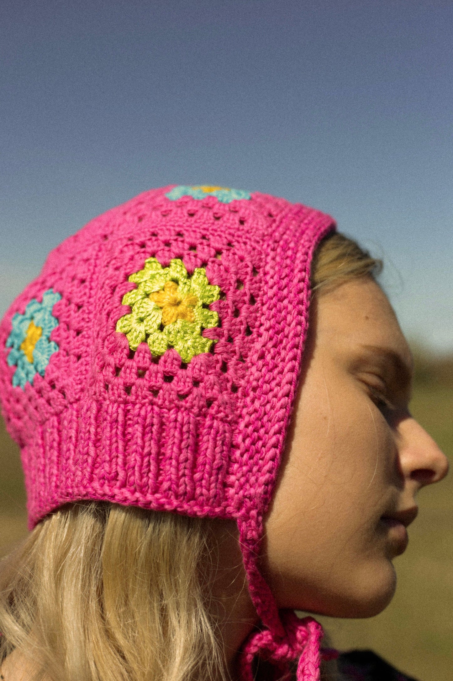 Patchwork Granny Square Adult Crochet Bow Tie Bonnet in Pink