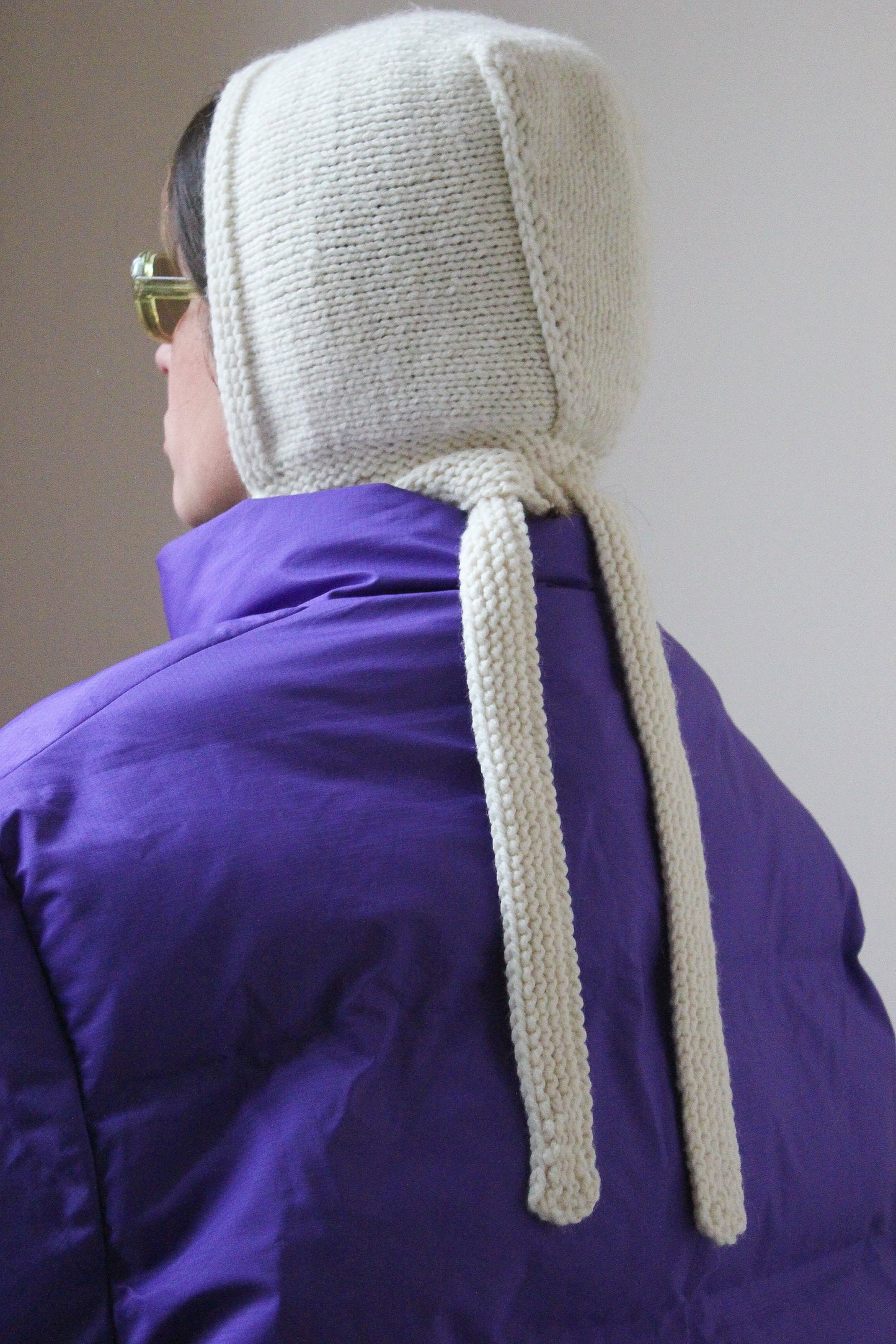 Hand-knitted Adult Bow Long Tie Bonnet hat in white