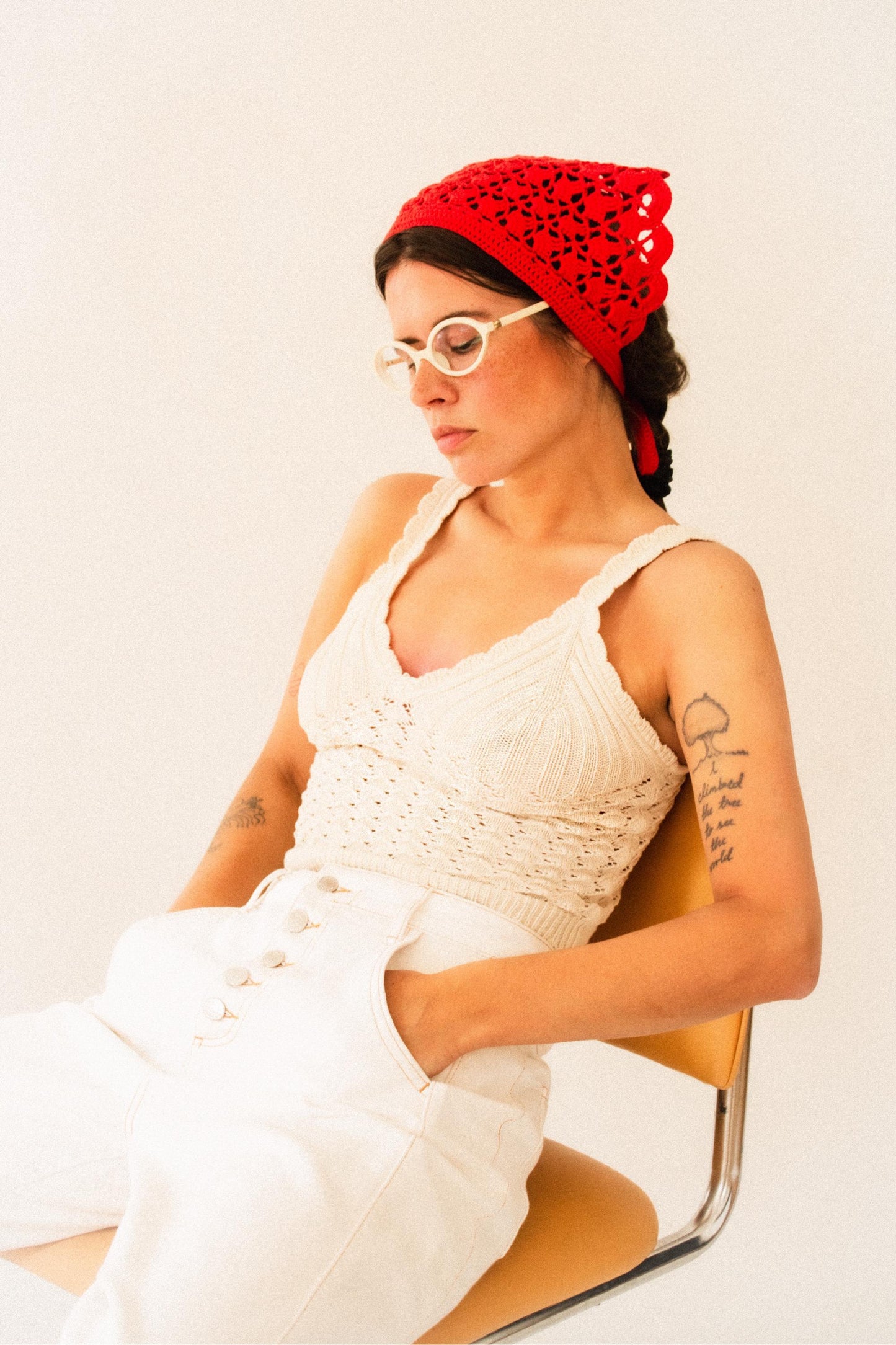 Crochet Premium Cotton Shell & Lace Stitch Headscarf in Red