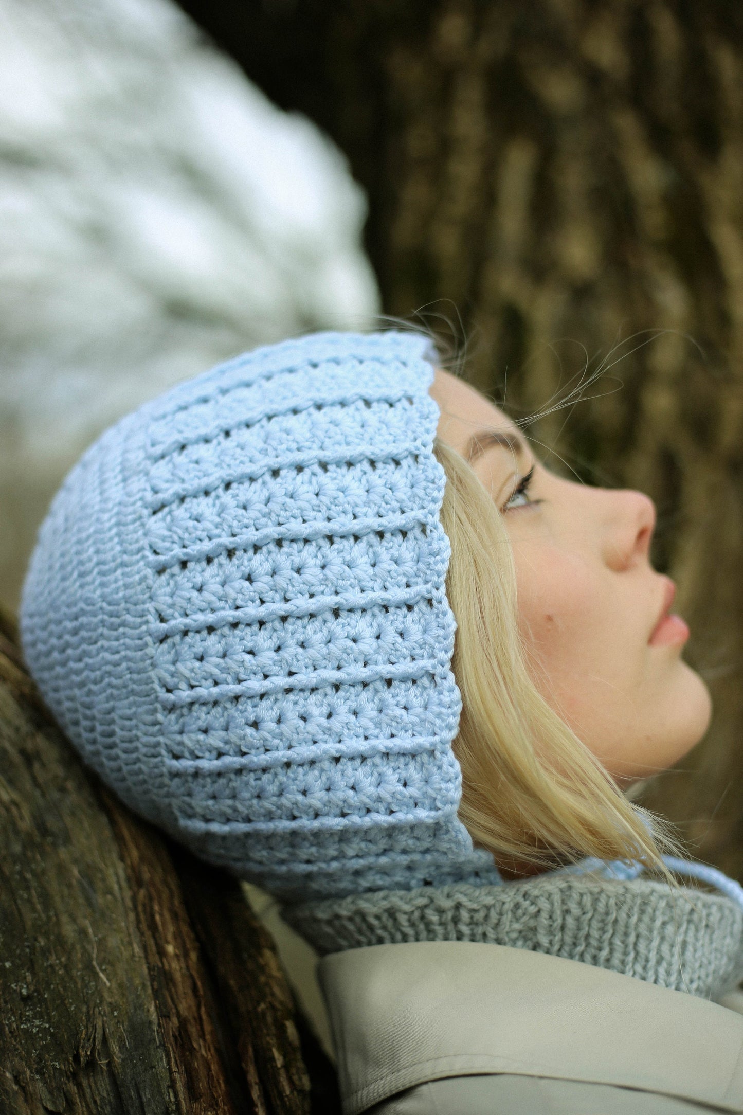 Adult Crochet Bow Tie cotton Bonnet in Light Blue