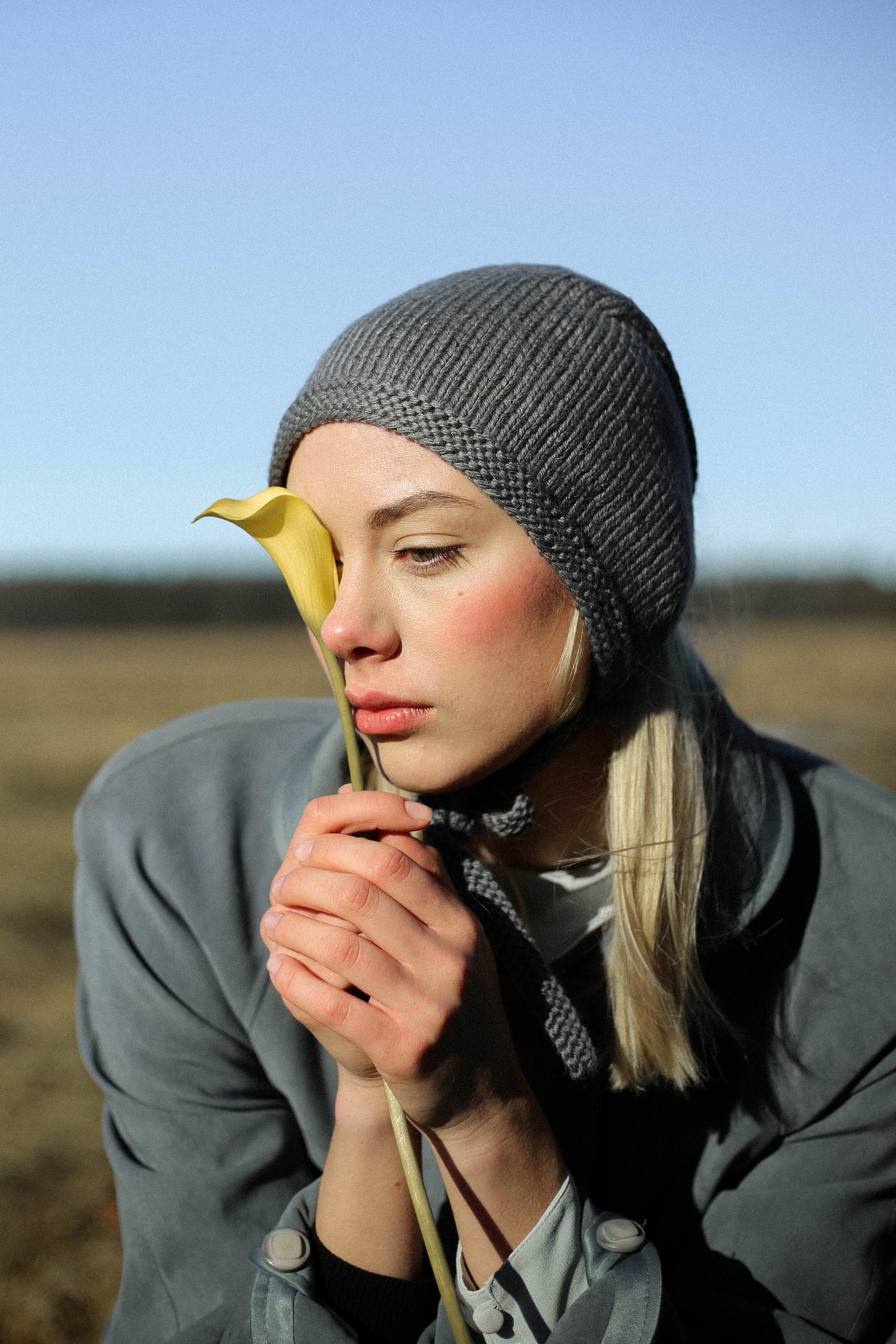 Hand-knitted Adult Bow Tie Bonnet hat in Gray