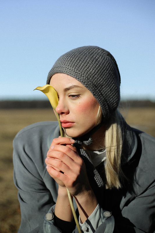 Hand-knitted Adult Bow Tie Bonnet hat in Gray