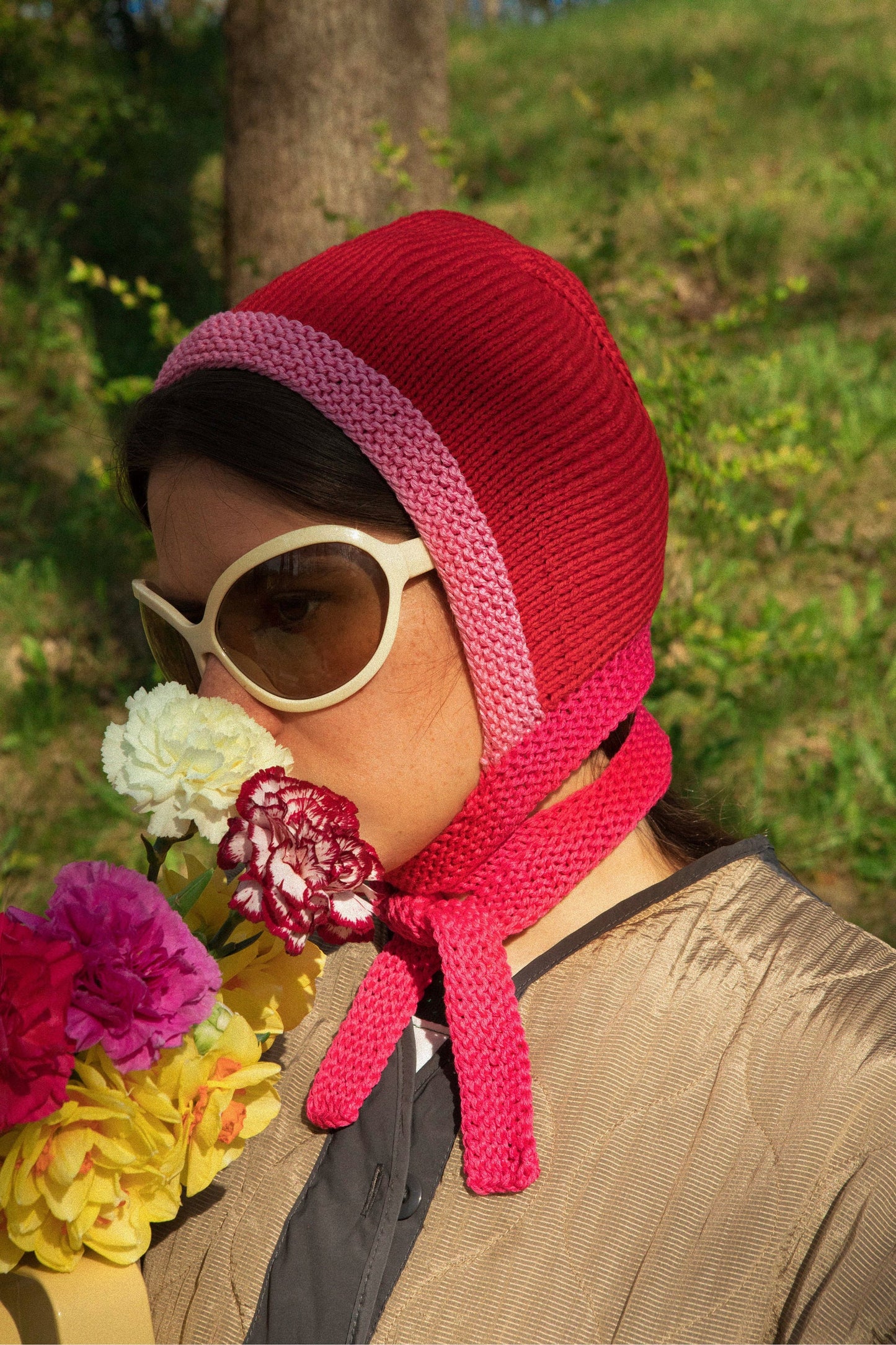 Hand - Knitted Woolen Multi Pink & Red Bow Tie Bonnet Hat