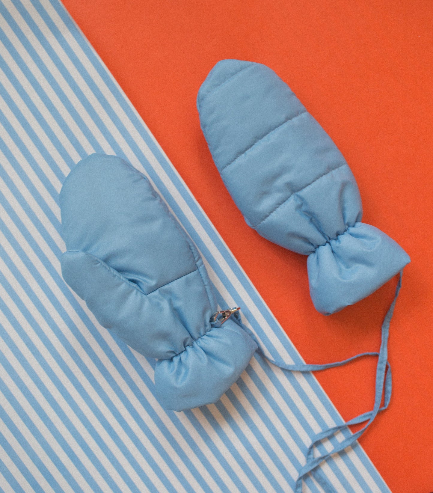 Puffer Mittens on Strings in Baby Blue