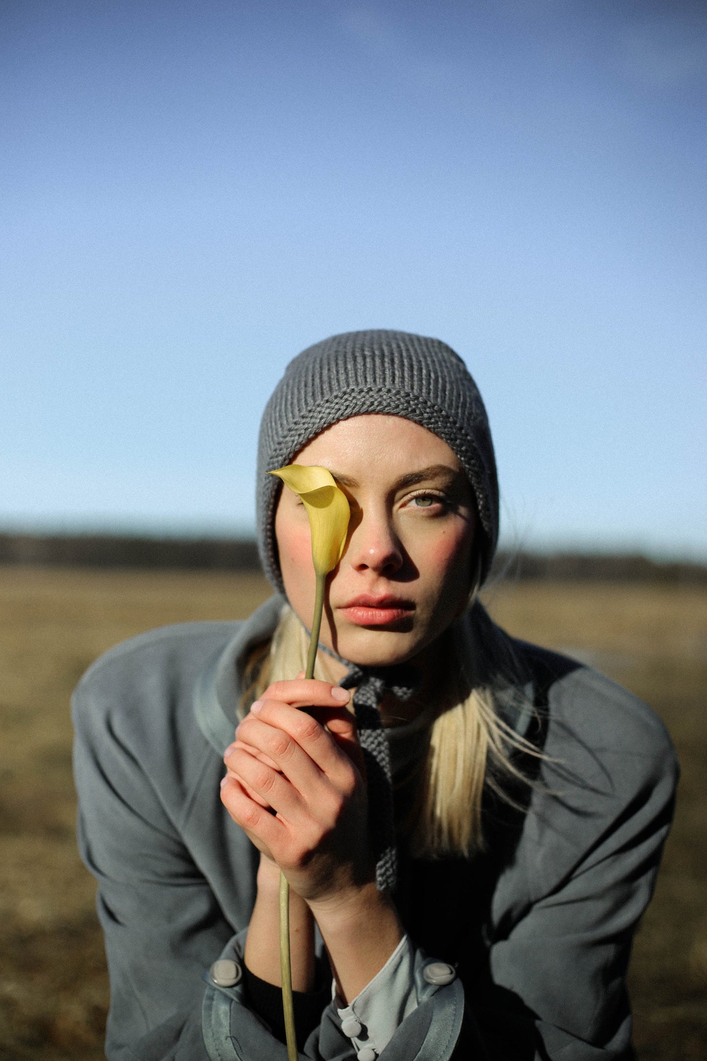 Hand-knitted Adult Bow Tie Bonnet hat in Gray