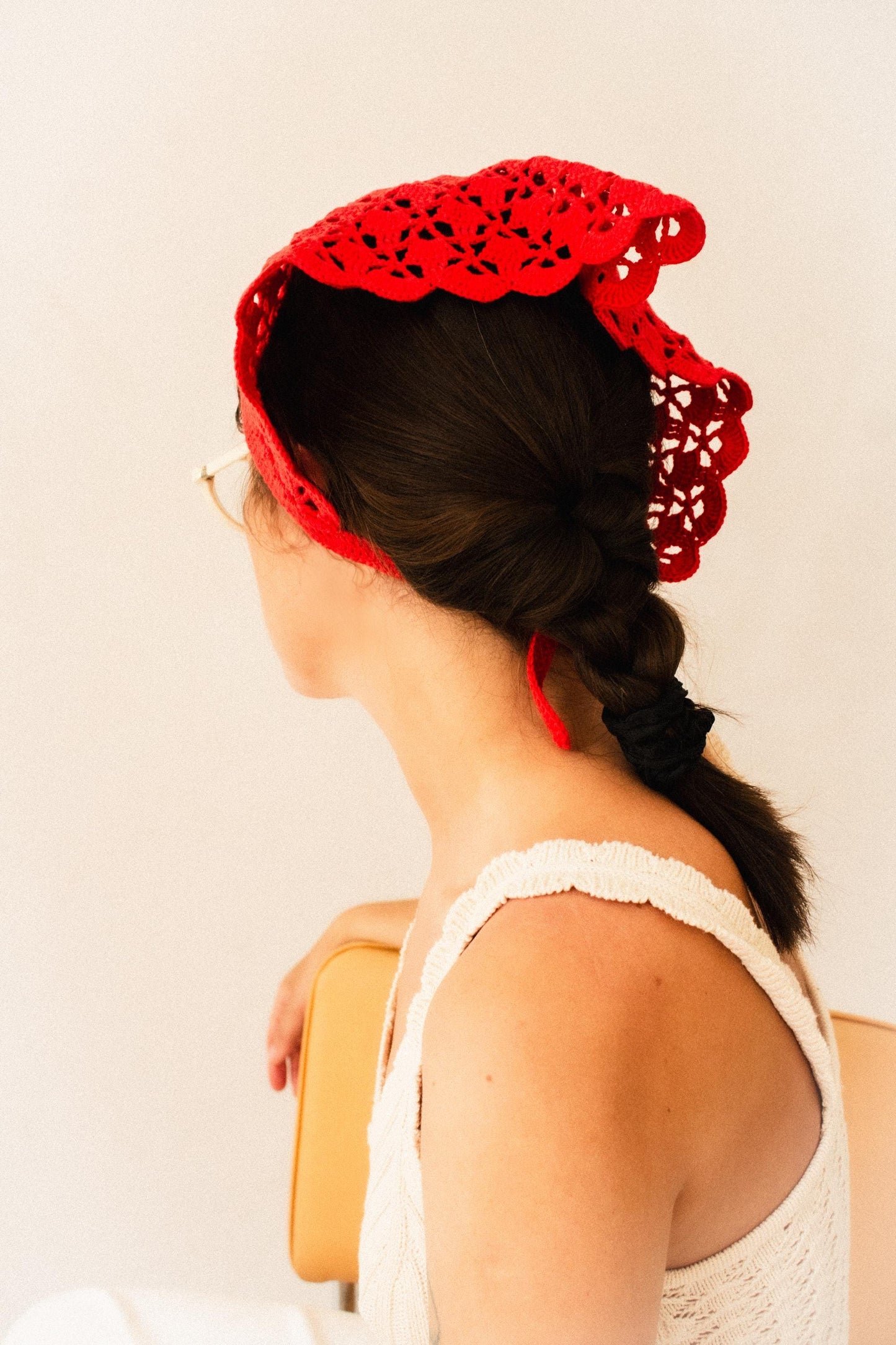 Crochet Premium Cotton Shell & Lace Stitch Headscarf in Red