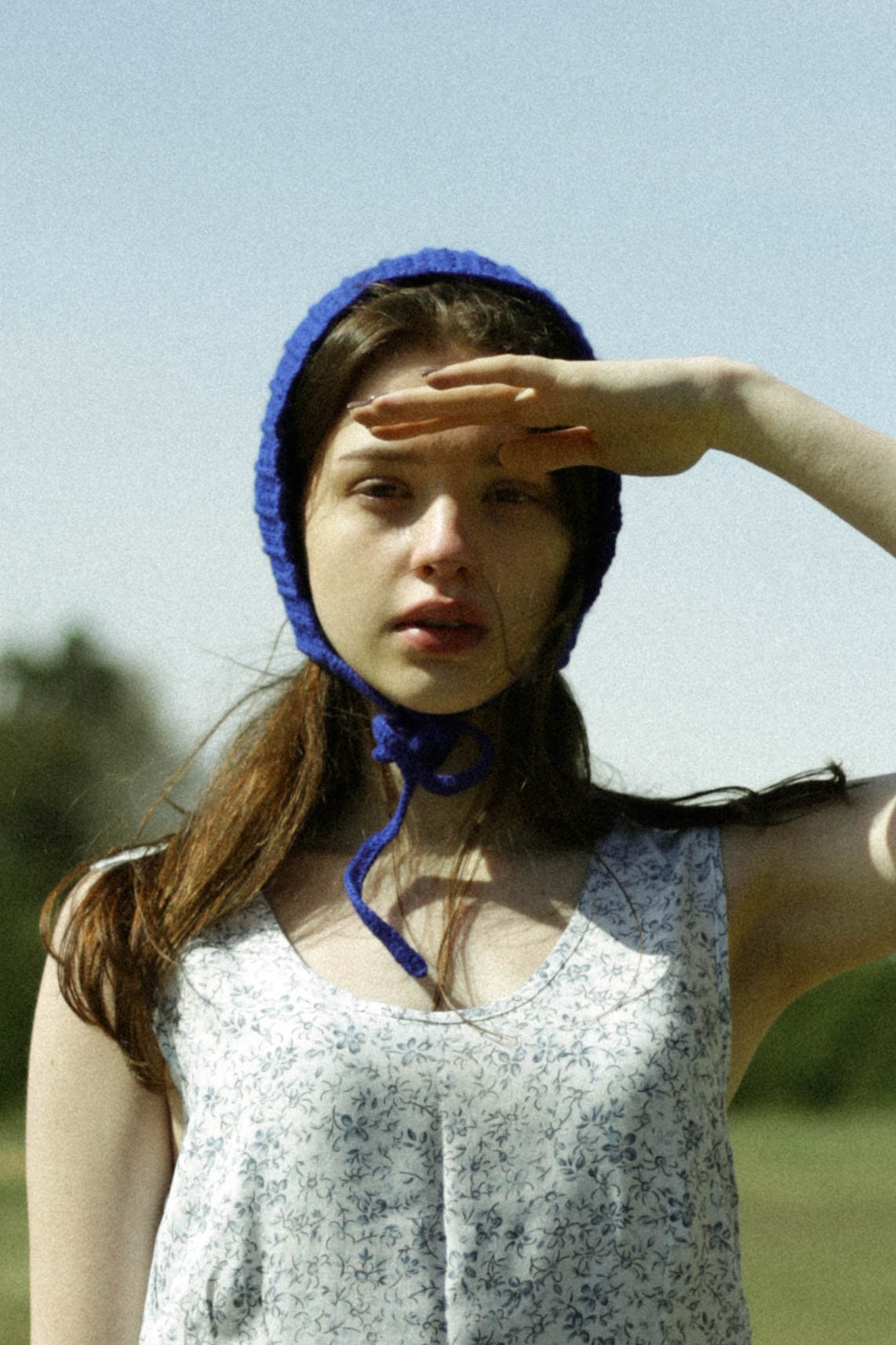 Adult Cotton Crochet Bow Tie Bonnet in Blue