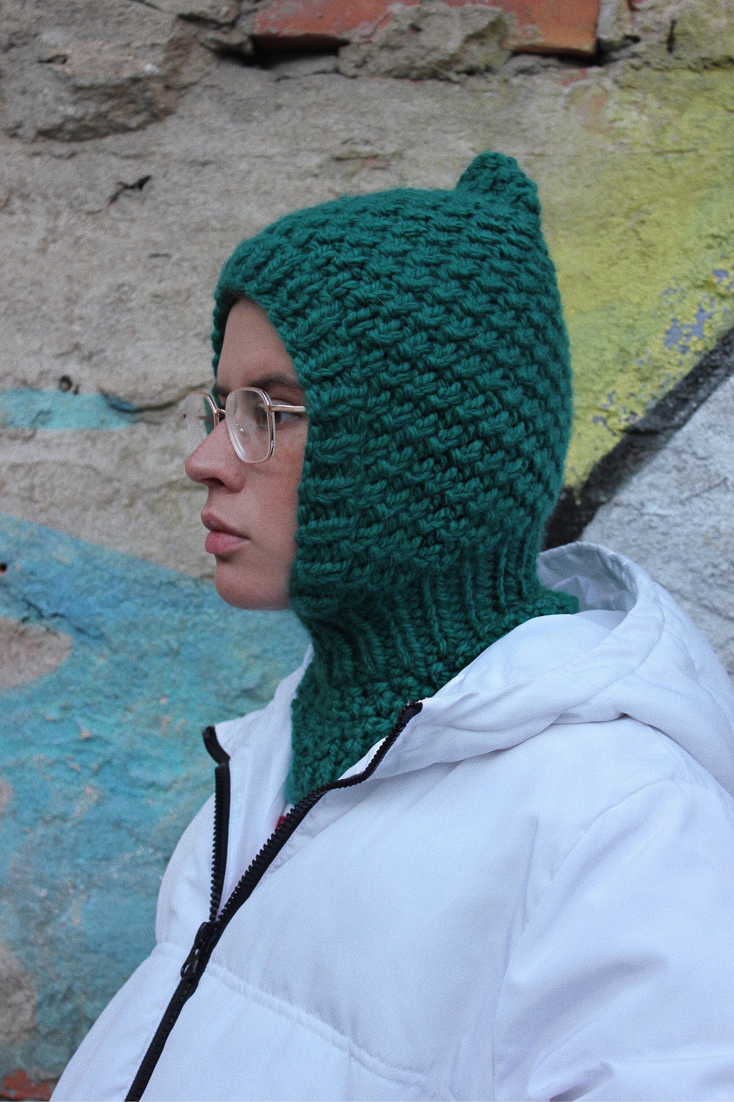 Balaclava Woolen hat in emerald green,mango socky balaclava knit beanie,knit helmet,knit hat,crochet balaclava, knitted hood