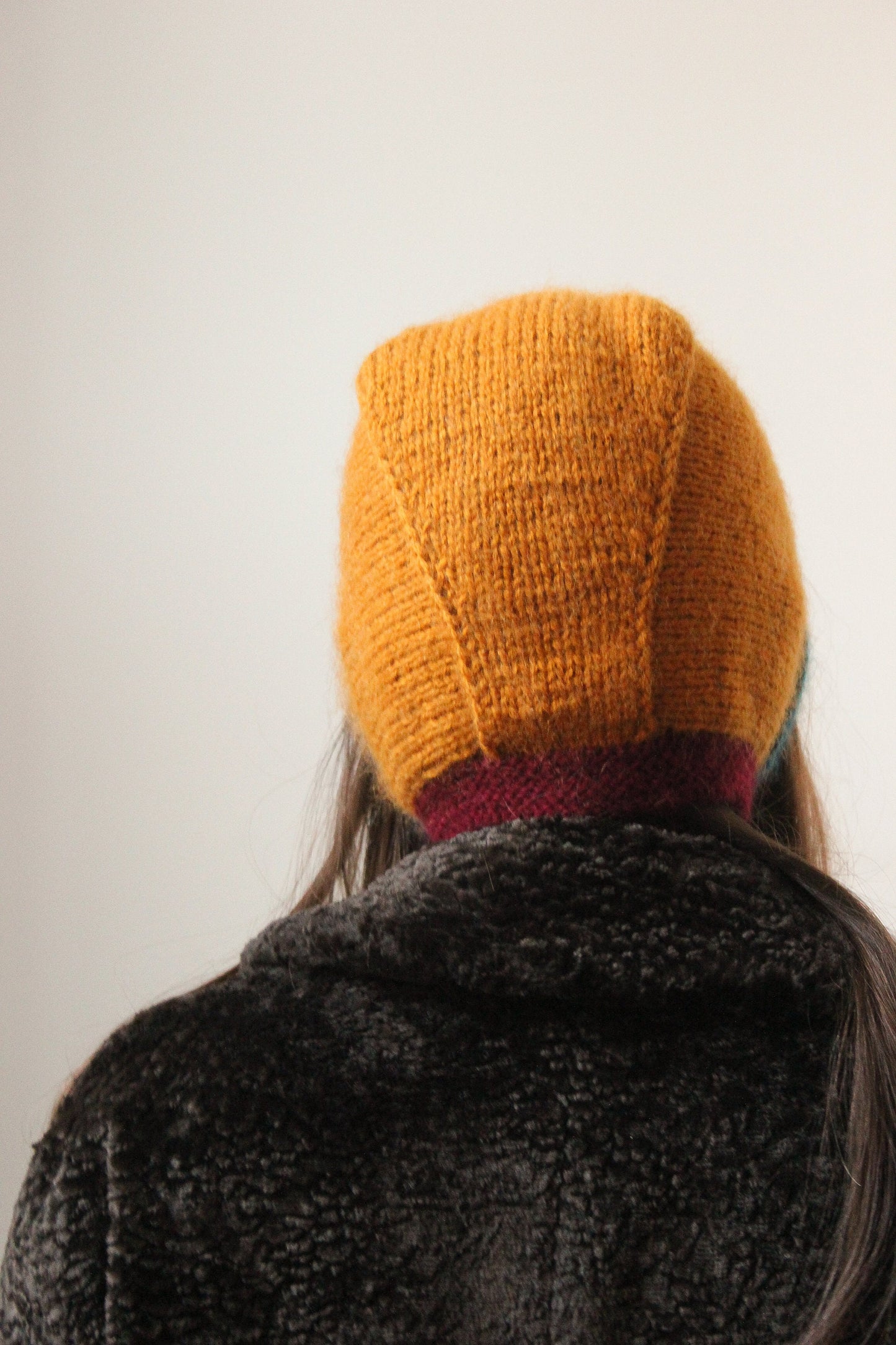 Hand-knitted Adult Bow Tie Bonnet hat in dull multicolor