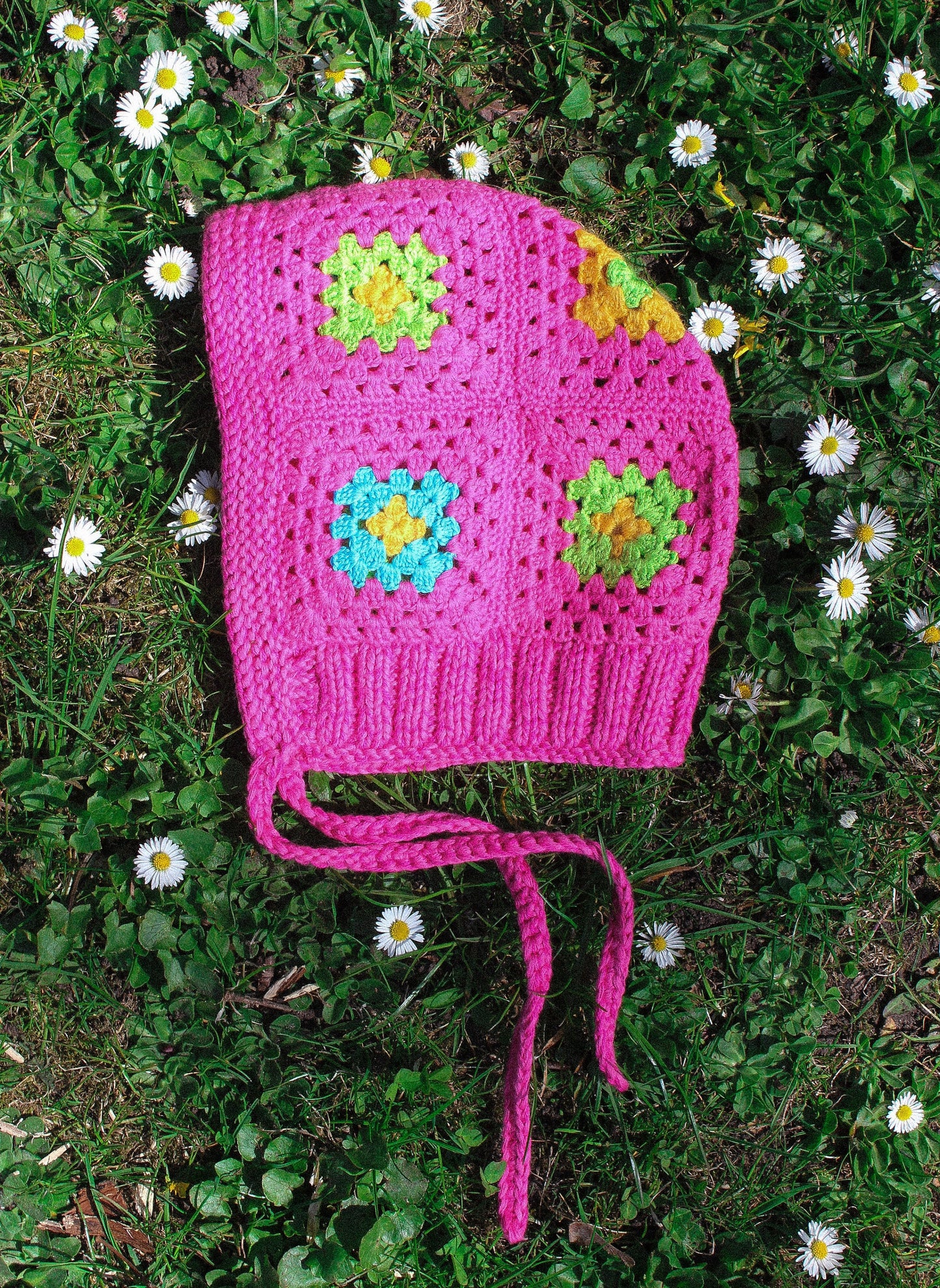 Patchwork Granny Square Adult Crochet Bow Tie Bonnet in Pink