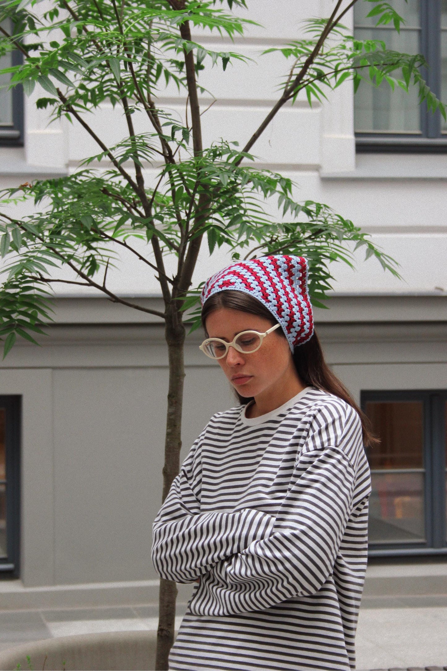 Crochet Premium Cotton Mesh Headscarf in Burgundy & Baby Blue