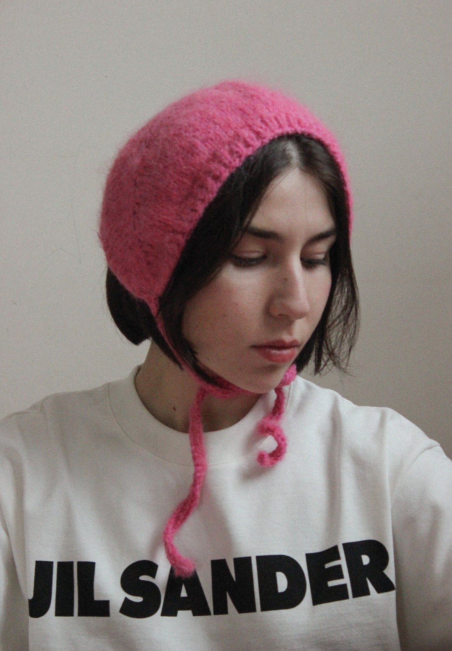 Hand - knitted Adult Bow Tie Mohair Bonnet in Pink