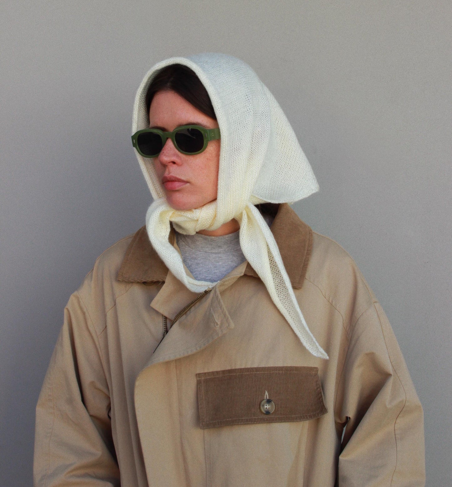 Hand - knitted Mohair Headscarf in Buttermilk Yellow