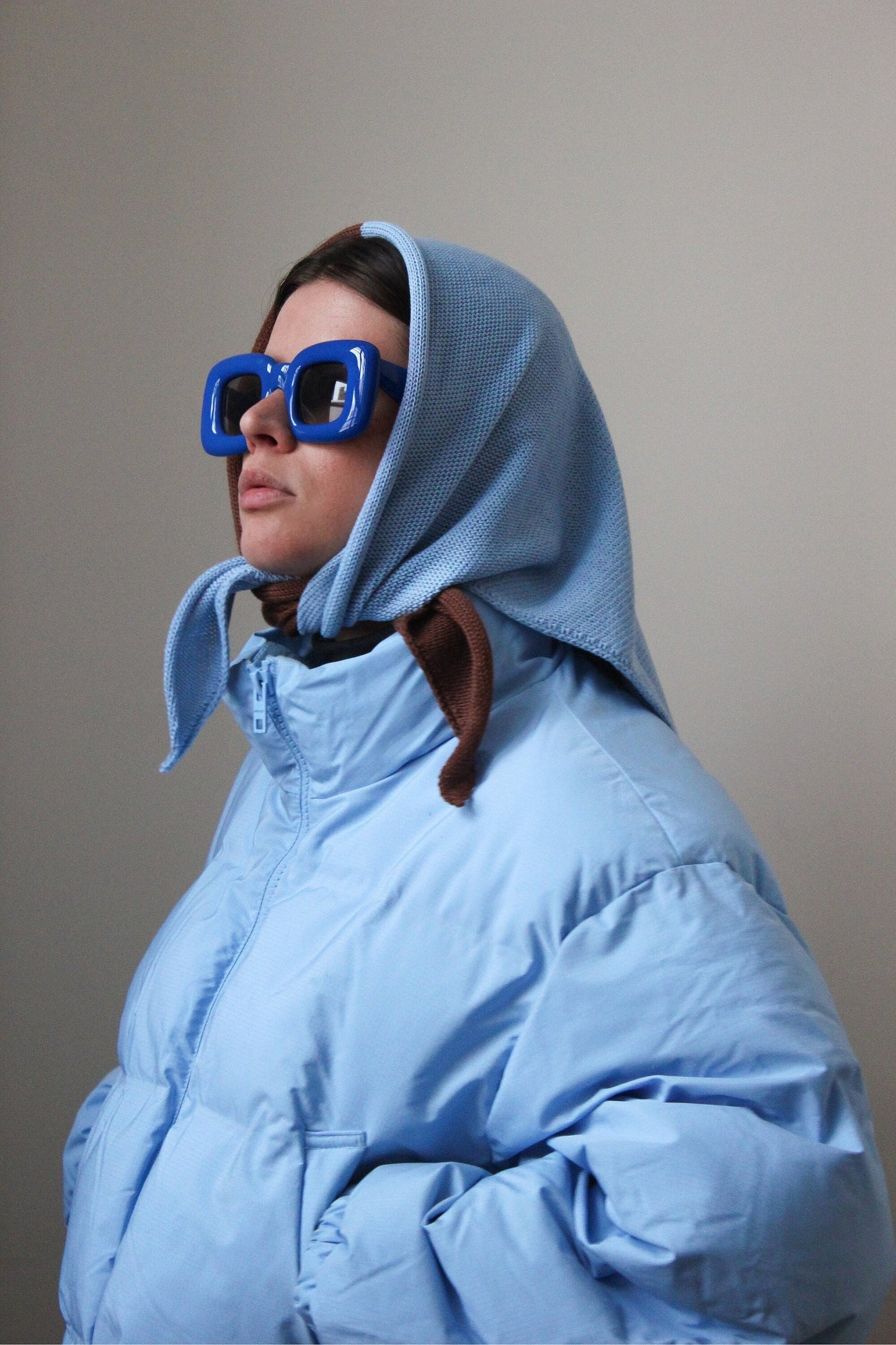 Hand - knitted Bicolour Headscarf in Baby blue & Brown