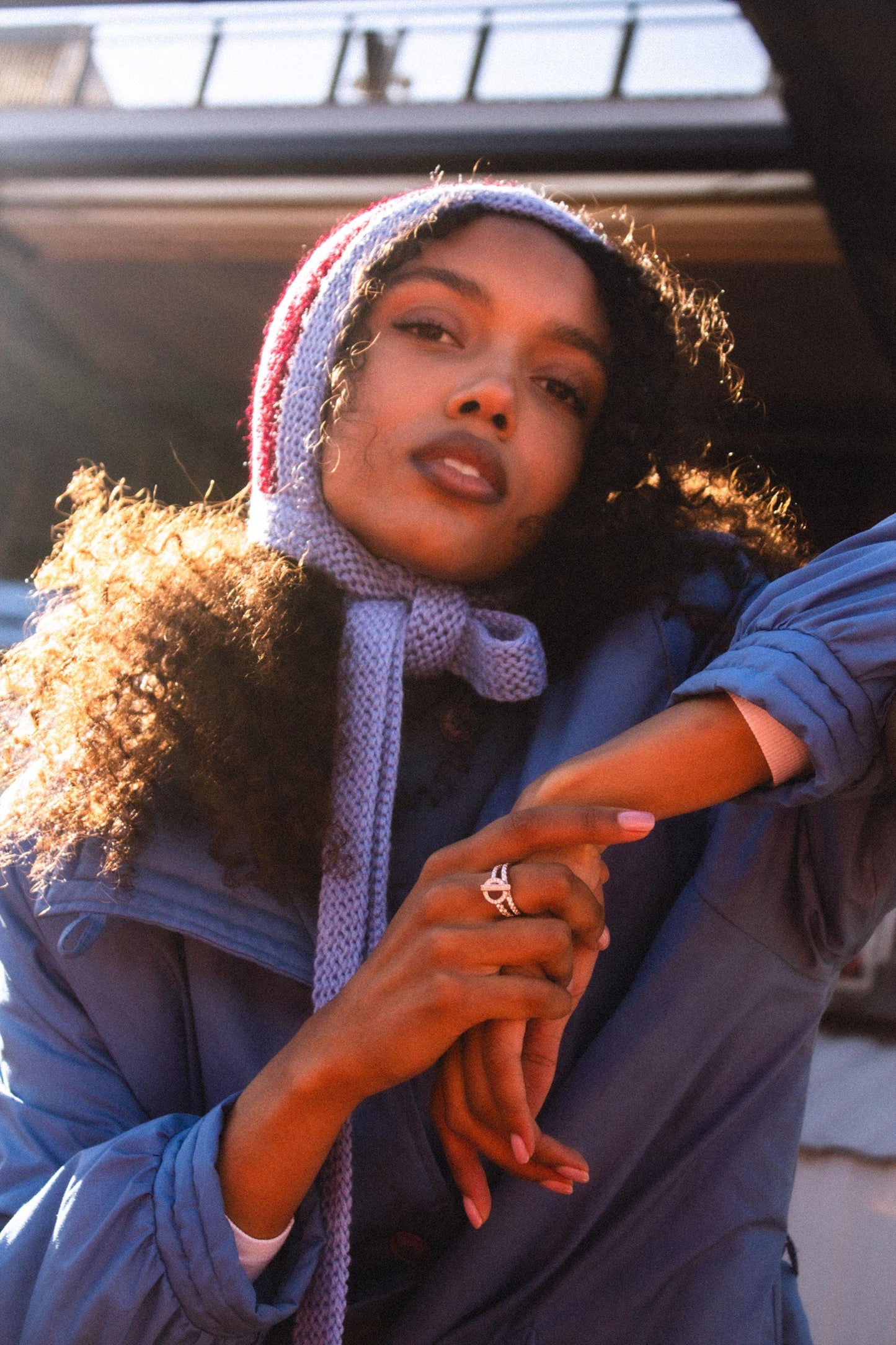 Hand-knitted Adult Bow Tie Chunky Bonnet hat in Burgundy and Light Blue