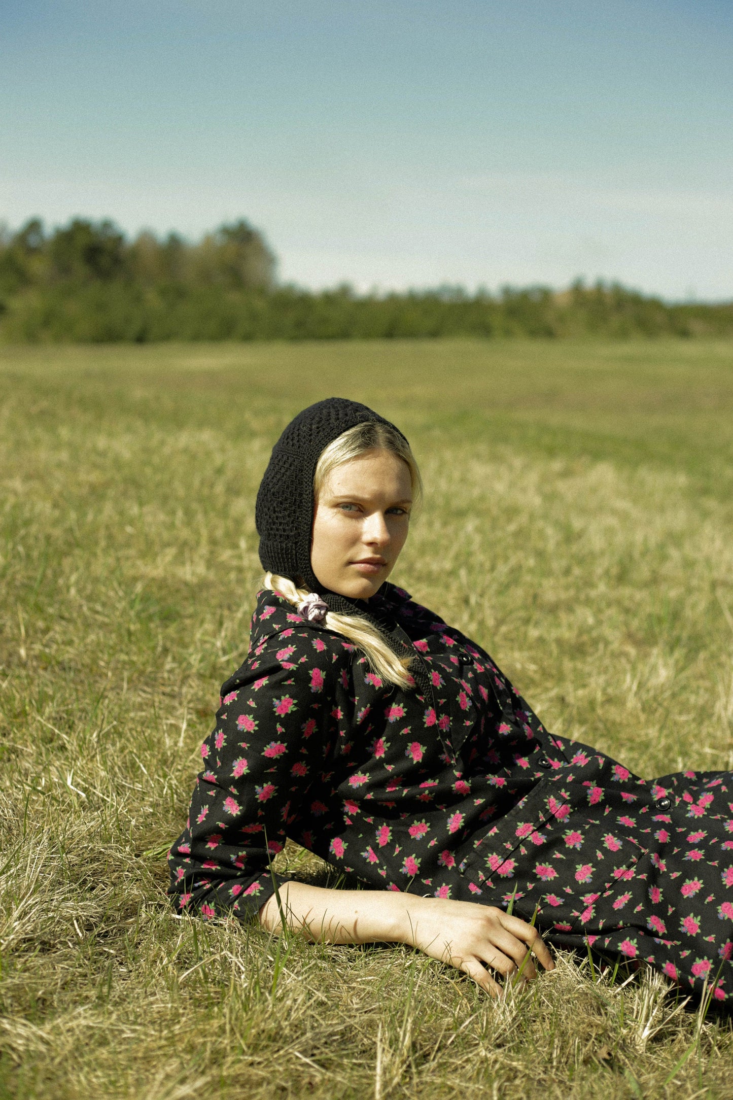 Patchwork Granny Square Adult Crochet Bow Tie Bonnet in Black