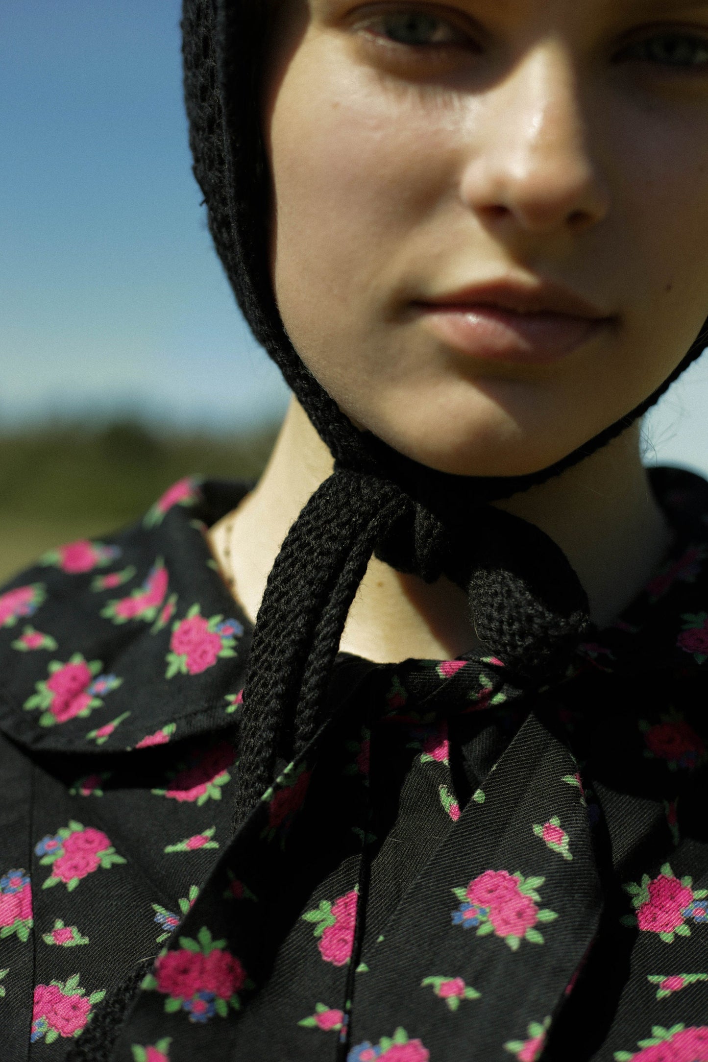 Patchwork Granny Square Adult Crochet Bow Tie Bonnet in Black