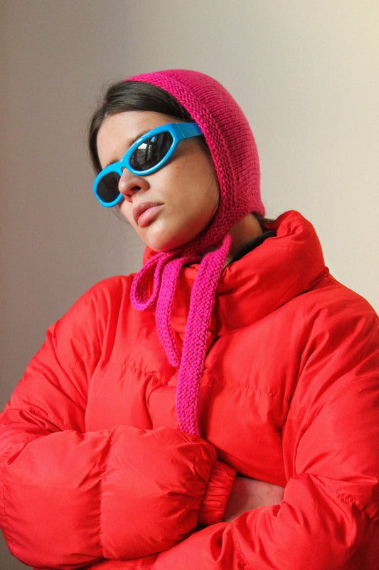 Hand-knitted Adult Bow Tie Bonnet hat in Hot Pink