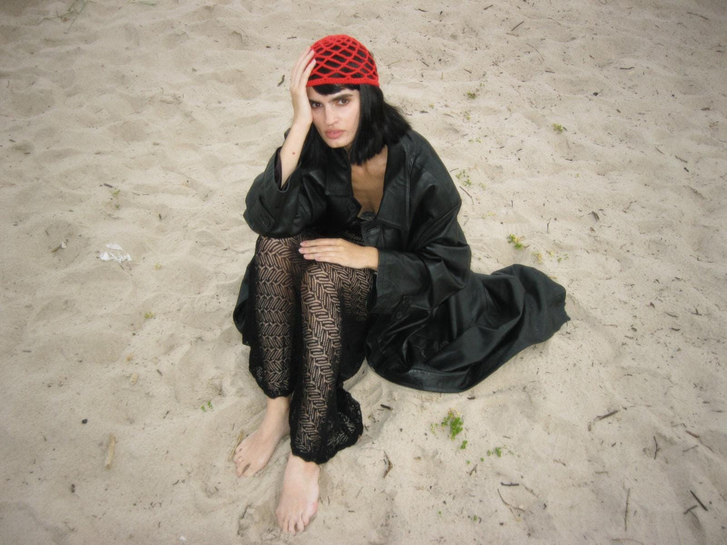 Premium Cotton Crochet Big Mesh Knitted Hat in Red