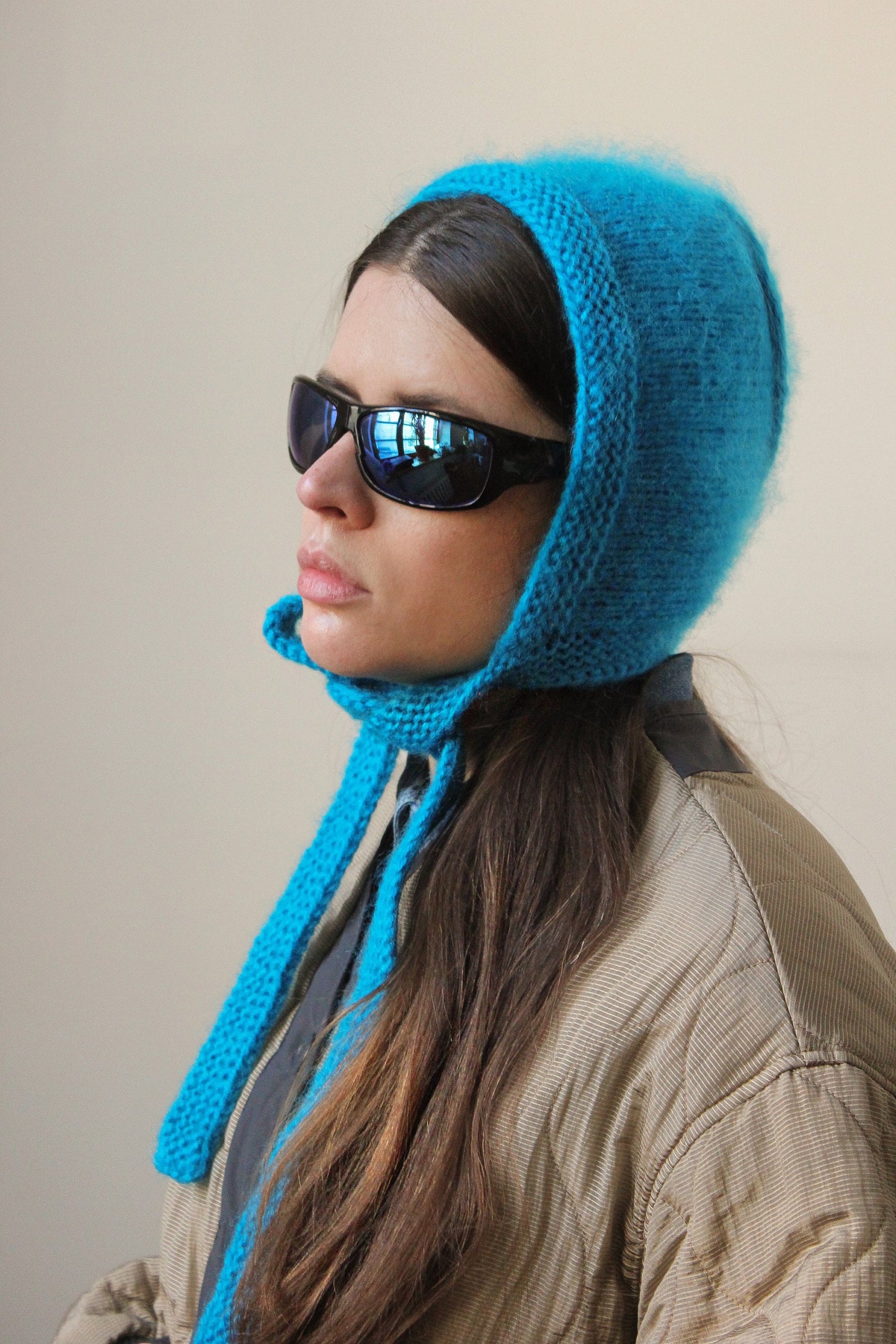 Hand - knitted Adult Bow Tie Mohair Bonnet in Azure Blue