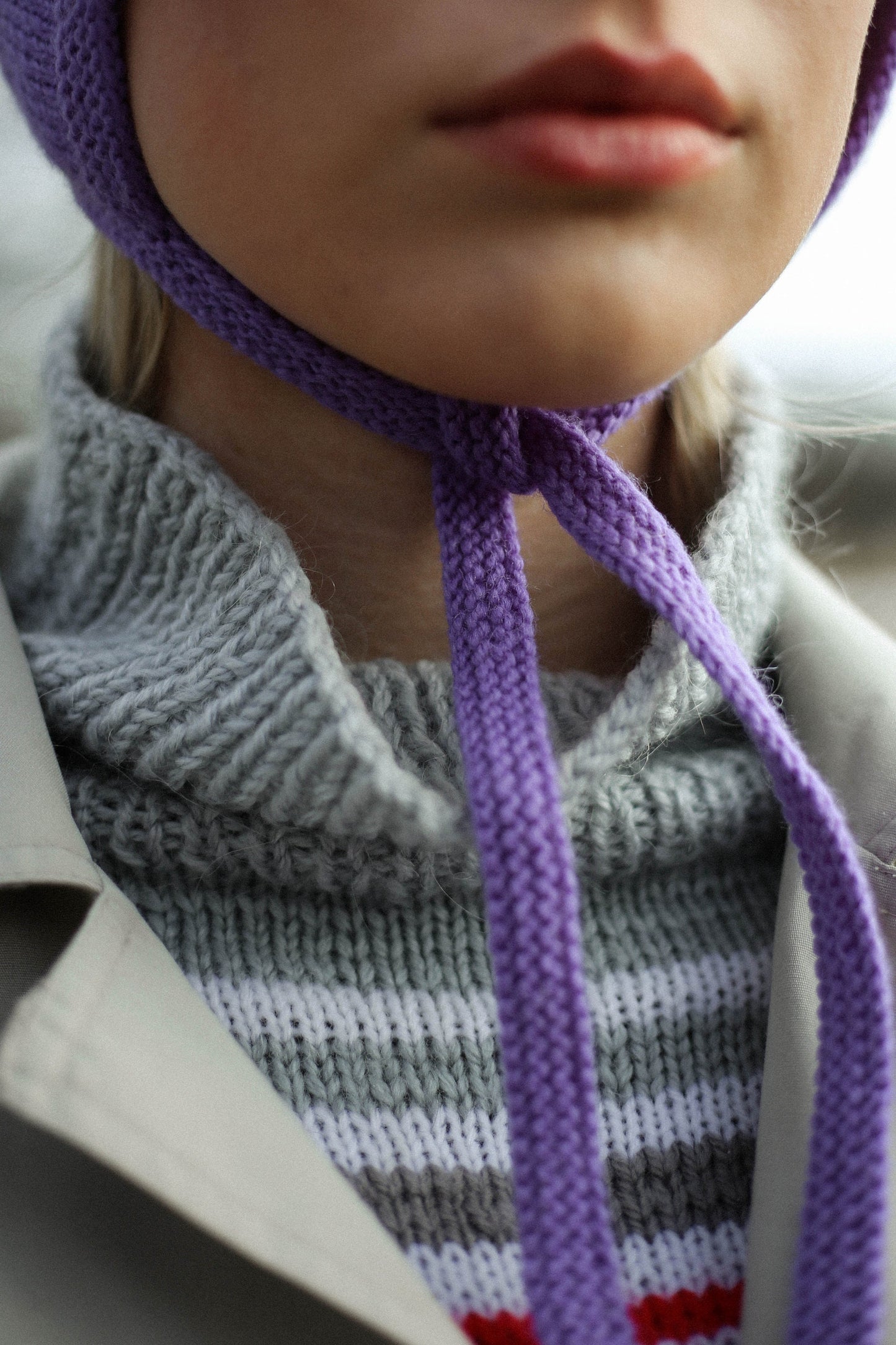 Hand-knitted Adult Bow Tie Bonnet hat in lilac